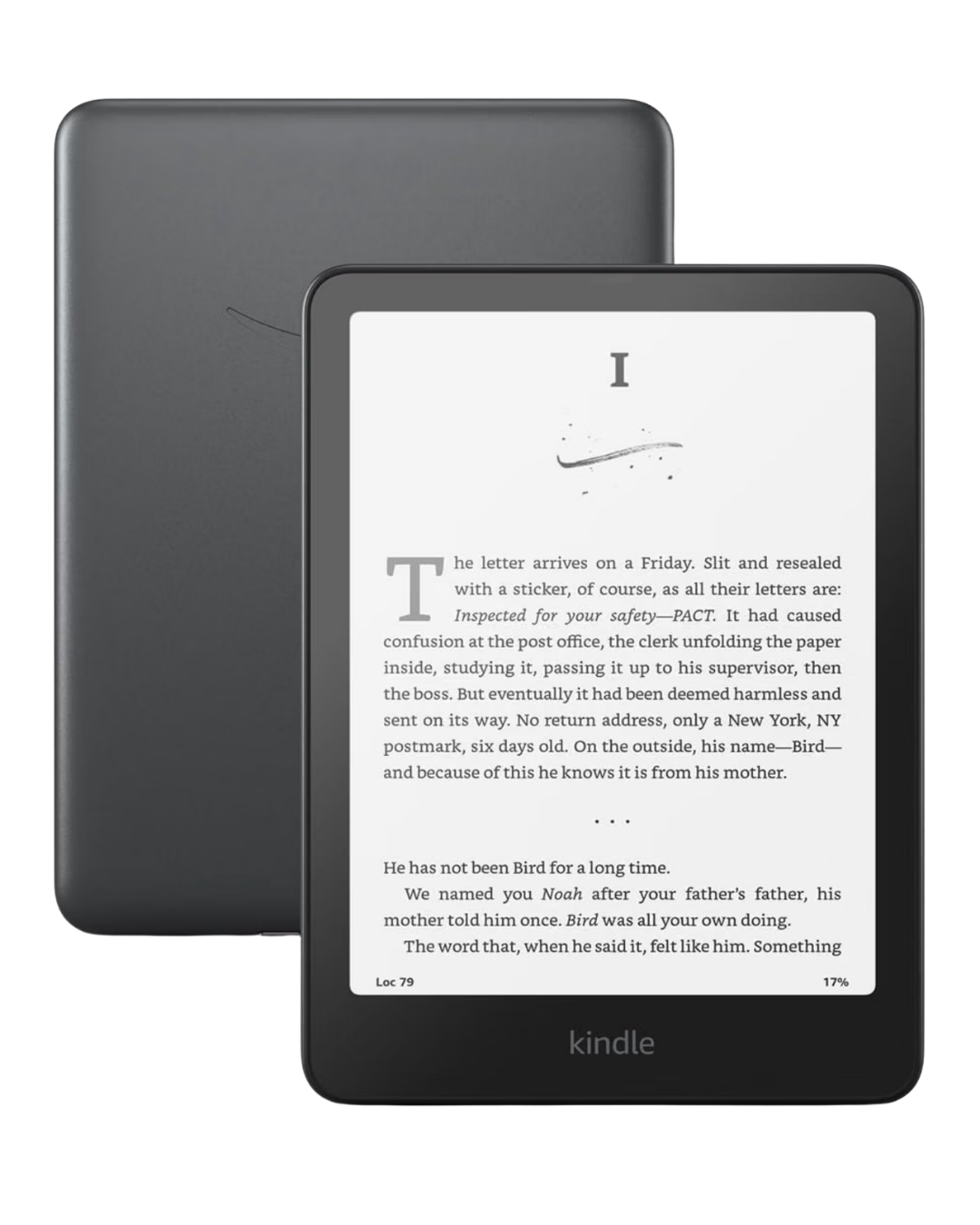 Front and back view of a black Kindle e-reader, illustrating digital reading as a space-saving alternative to keeping more physical books.