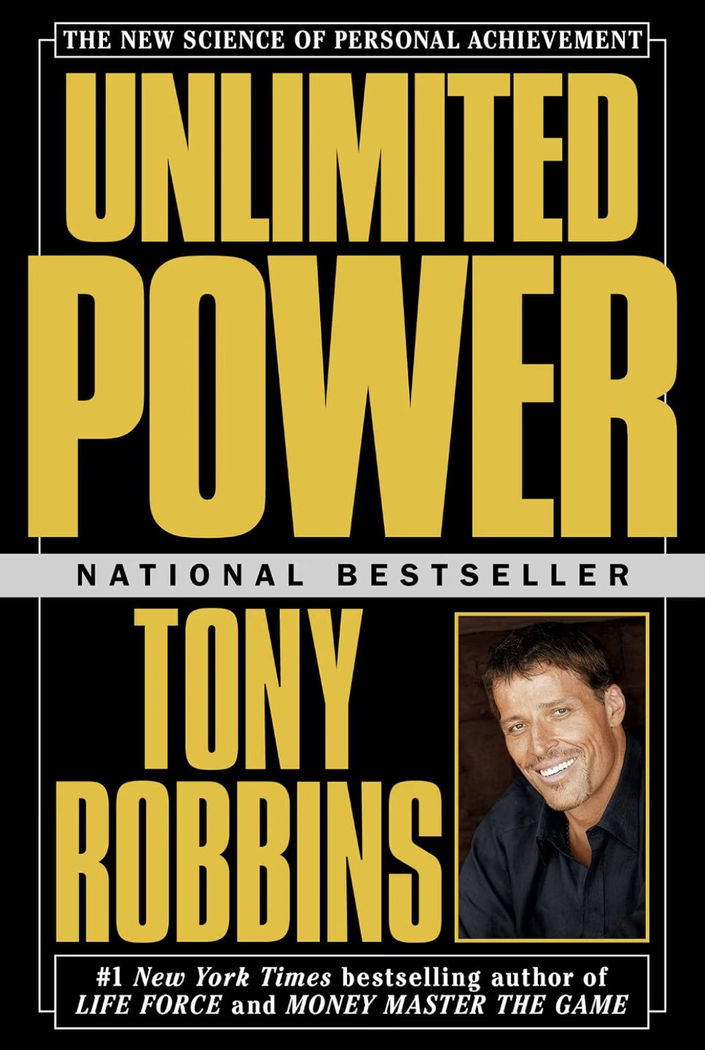 Book cover of 'Unlimted Power' by Tony Robbins, featuring a photo of Tony Robbins smiling in a black shirt, with the title in large yellow font, and the subtitle 'The New Science of Personal Achievement' at the top.
