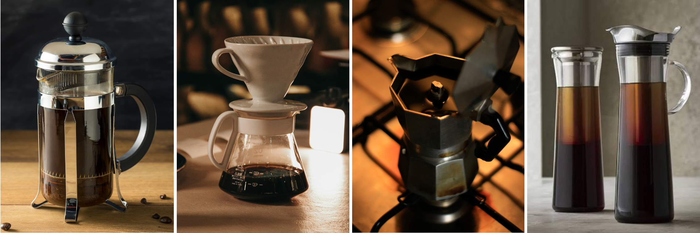 Manual coffee brewers including a pour-over dripper, French press and moka pot arranged on a kitchen counter.