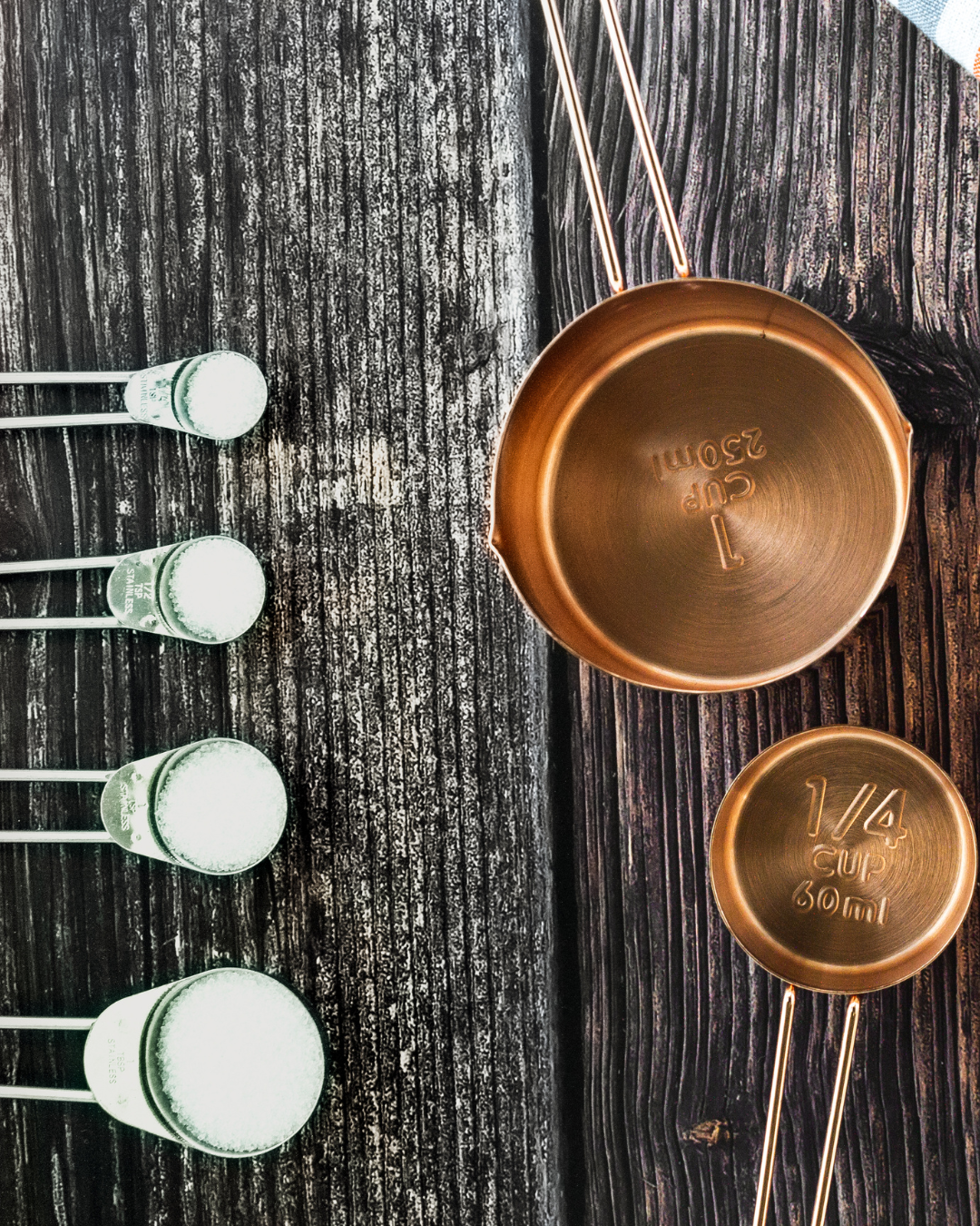 Measuring cups and spoons for cooking and baking.