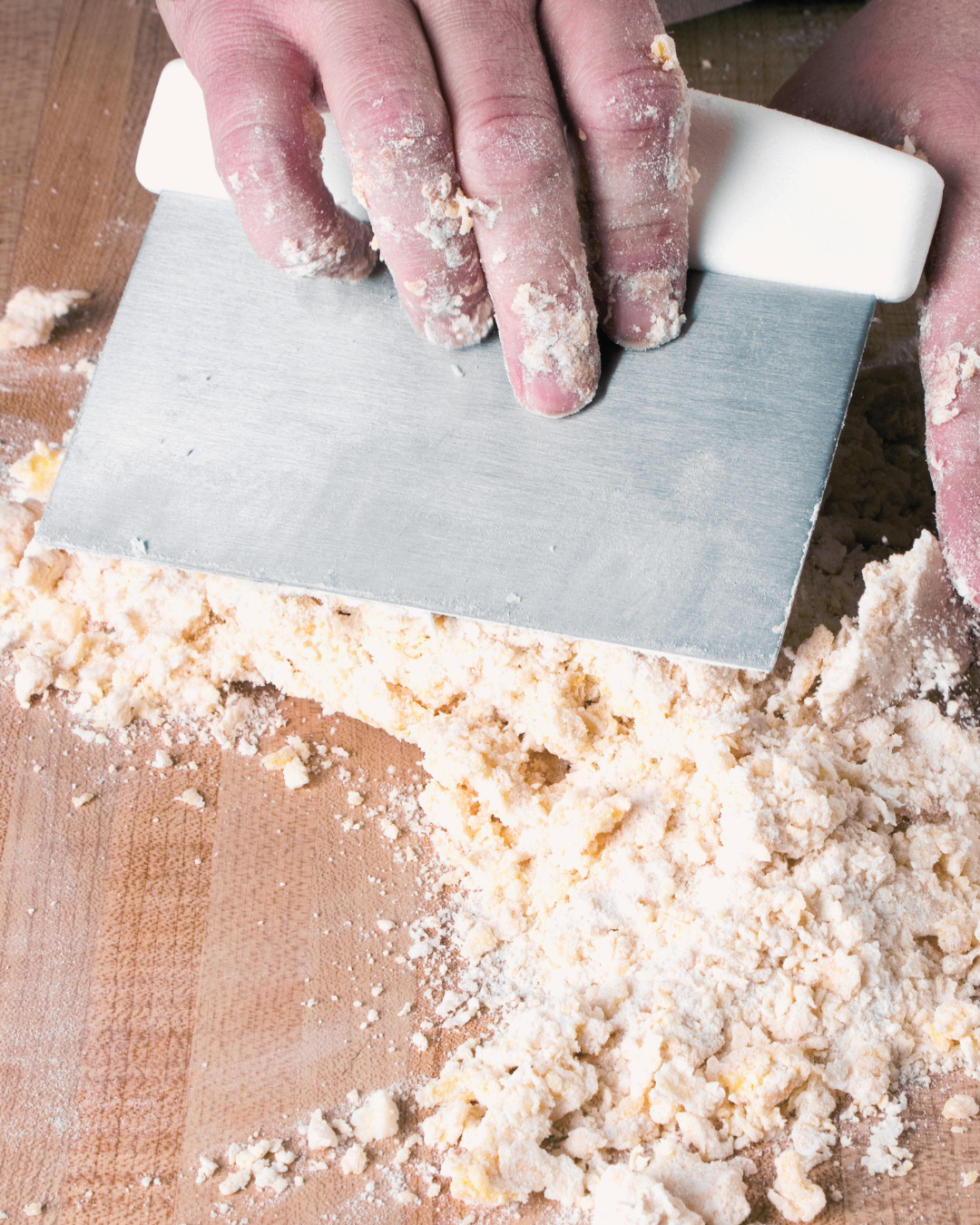 Dough scrapers for cutting dough and cleaning surfaces.