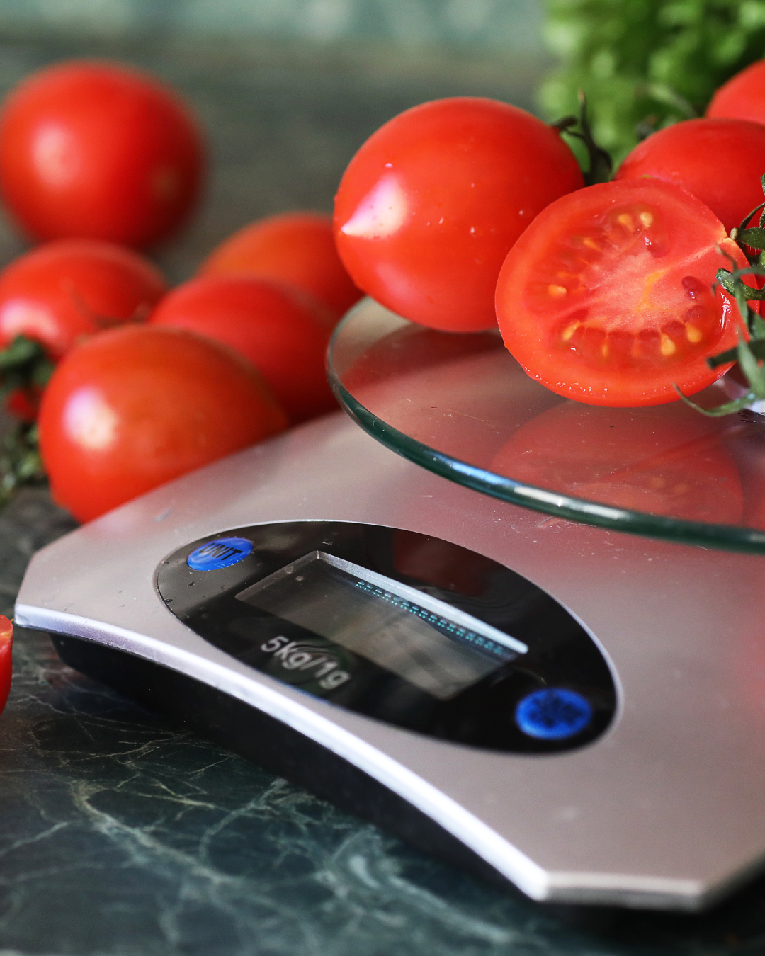 Digital kitchen scales for weighing ingredients.