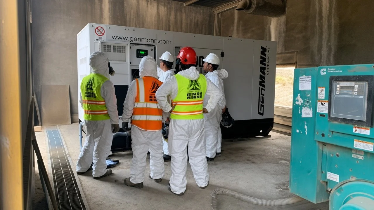 Varios trabajadores con equipo de protección inspeccionan una máquina grande en un área industrial.