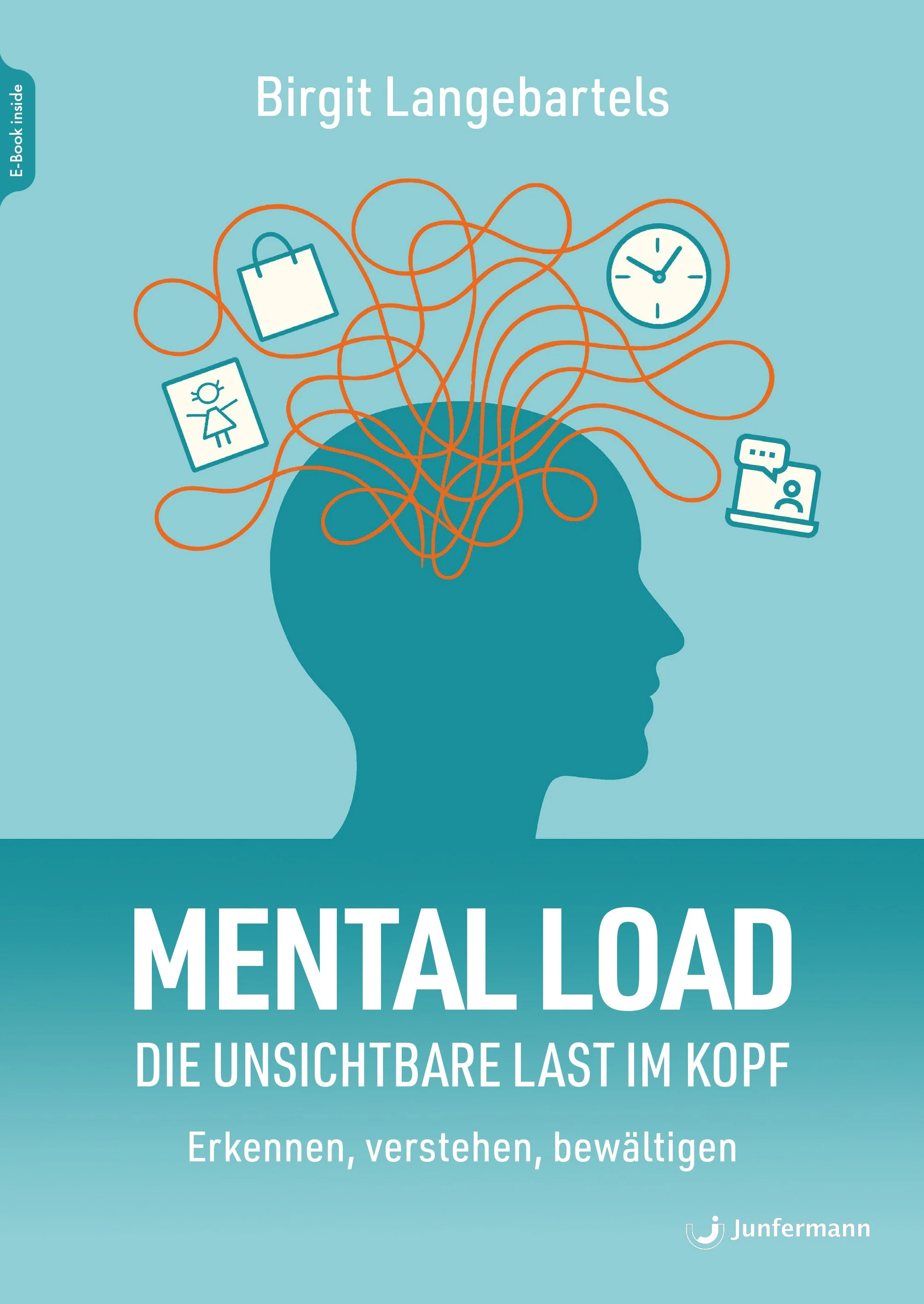 Buchcover mit Silhouette eines Kopfes, symbolisiert mentale Belastung, und Icons wie eine Einkaufstüte, eine Uhr, eine Frau und eine Person bei einem Gespräch. Titel: 'MENTAL LOAD - Die unsichtbare Last im Kopf. Erkennen, verstehen, bewältigen.'
