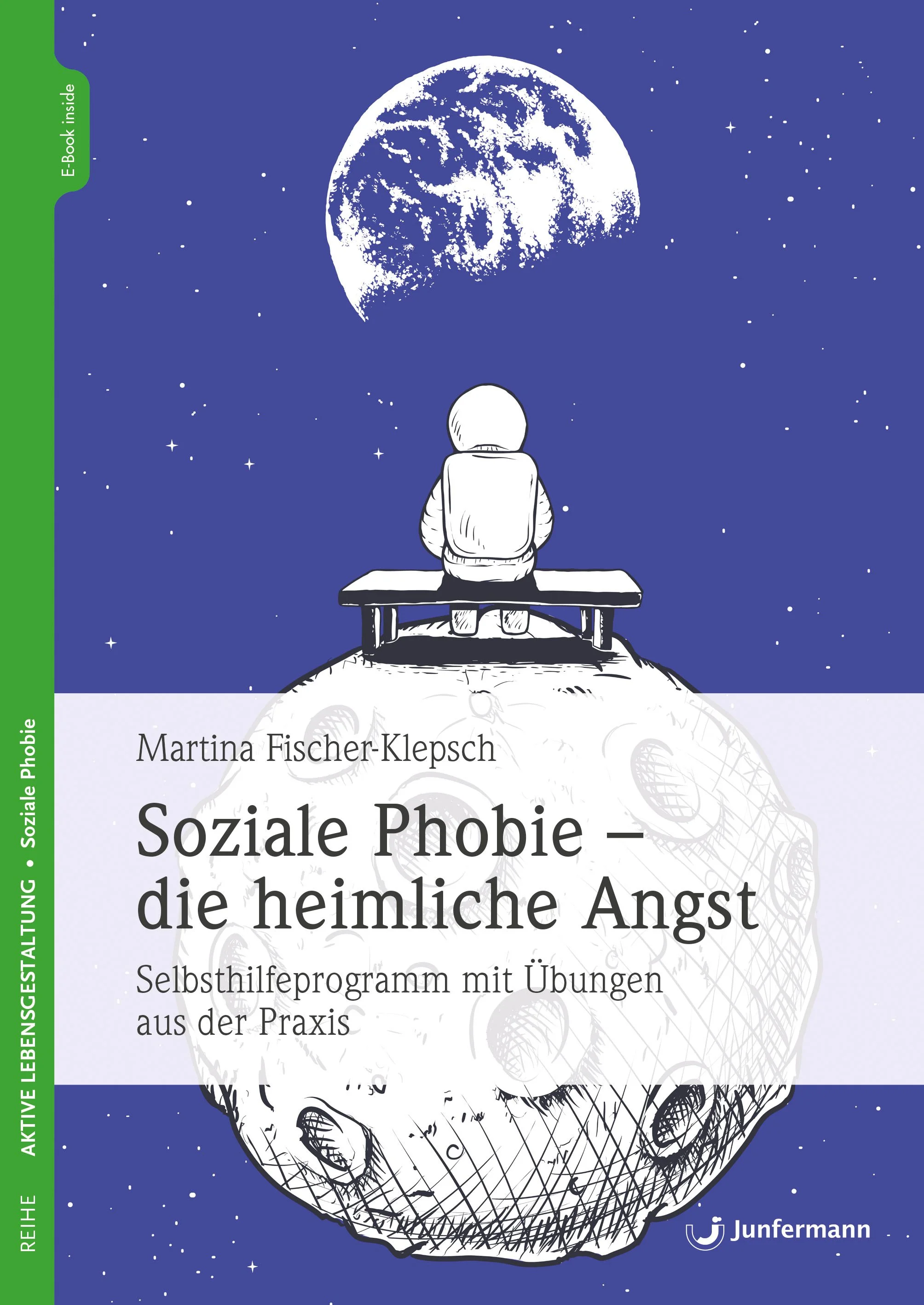 Buchcover mit einer Illustration eines Astronauten, der auf einem Planeten sitzt und in den Himmel schaut, mit einem großen Mond oder Planeten im Hintergrund, Himmel voller Sterne.