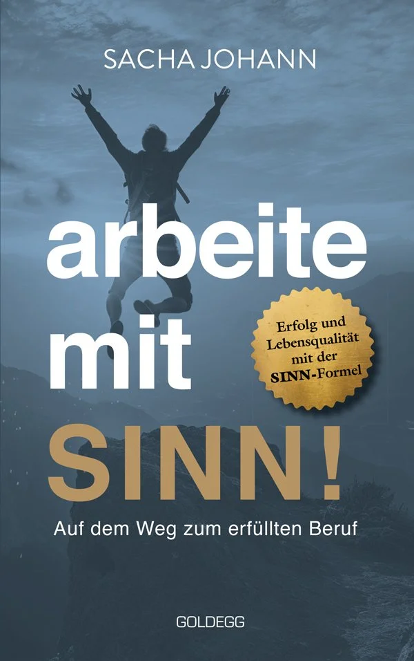 Buchcover mit einer Person, die springt, im Hintergrund Berge, Titel 'arbeite mit SINN!', Untertitel und Autorennamen.