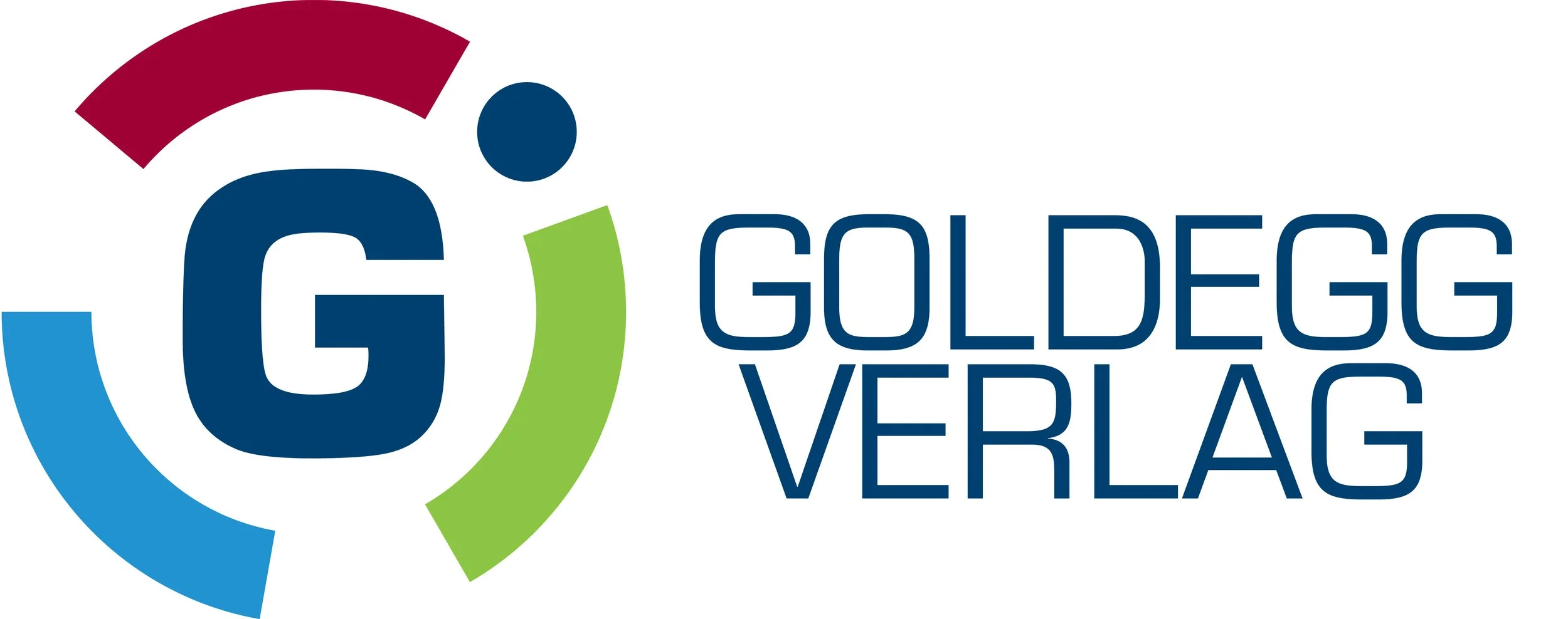 Logo des Goldegg Verlags, bestehend aus einem großen, stilisierten Buchstaben G in blauer Farbe, umgeben von bunten halbkreisförmigen Elementen in Hellblau, Dunkelrot, Dunkelblau und Hellgrün. Der Name 'GOLDEGG VERLAG' erscheint rechts im blauen Schriftzug.