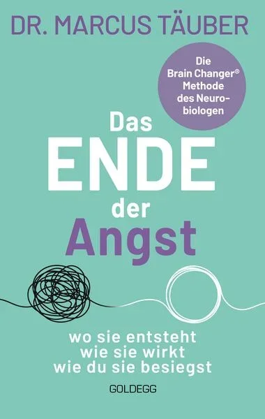 Buchcover mit grünem Hintergrund, Titel 'Das Ende der Angst', Autor Dr. Marcus Täuber, zusätzlichen Text über die Brain Changer Methode, sowie einem schwarzen und einem weißen Kreis.