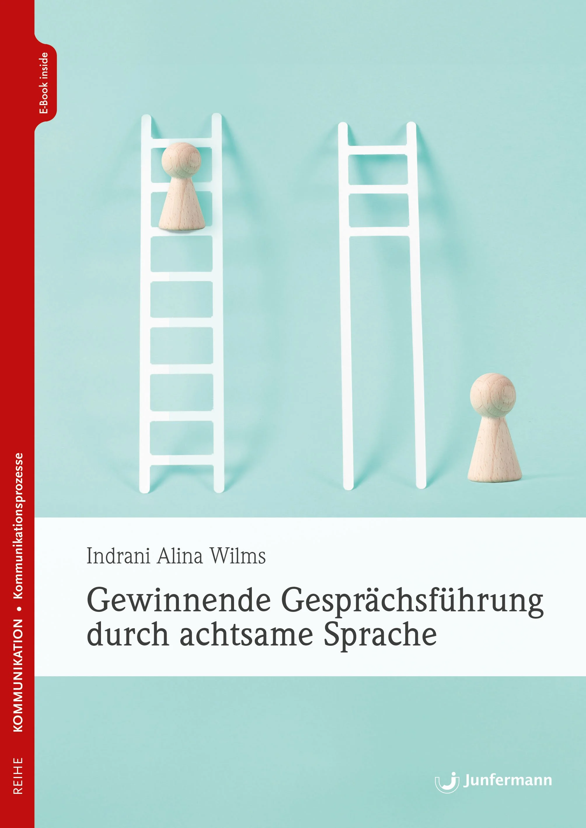 Buchcover mit weißen Leiter-Illustrationen und hölzernen Figuren auf hellblauem Hintergrund.