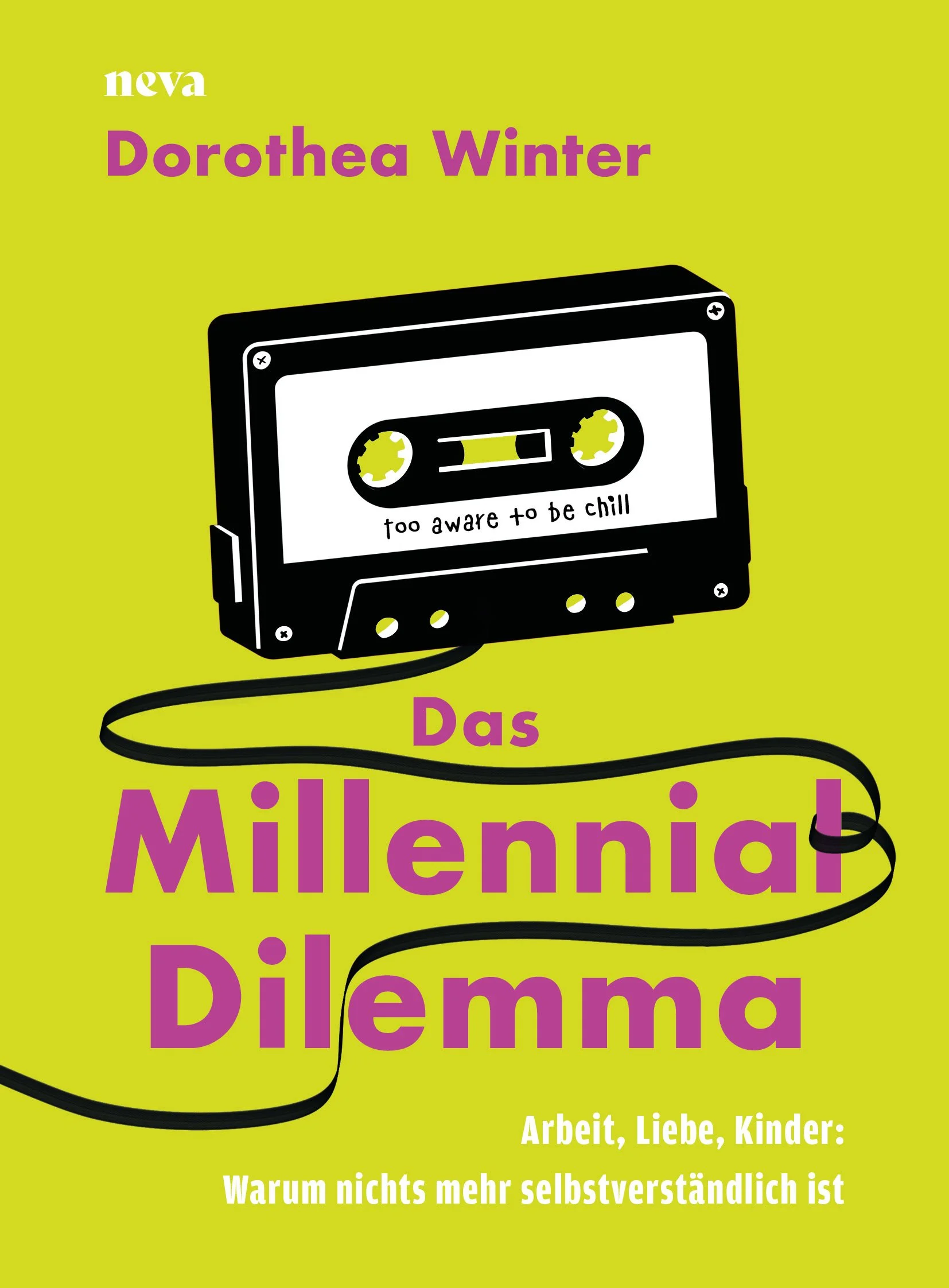 Buchcover mit einem schwarzen Kassettenrekord und lila und weißen Text auf grünem Hintergrund. Der Text enthält den Titel "Das Millionär Dilemma" und die Schlagworte "Arbeit, Liebe, Kinder".