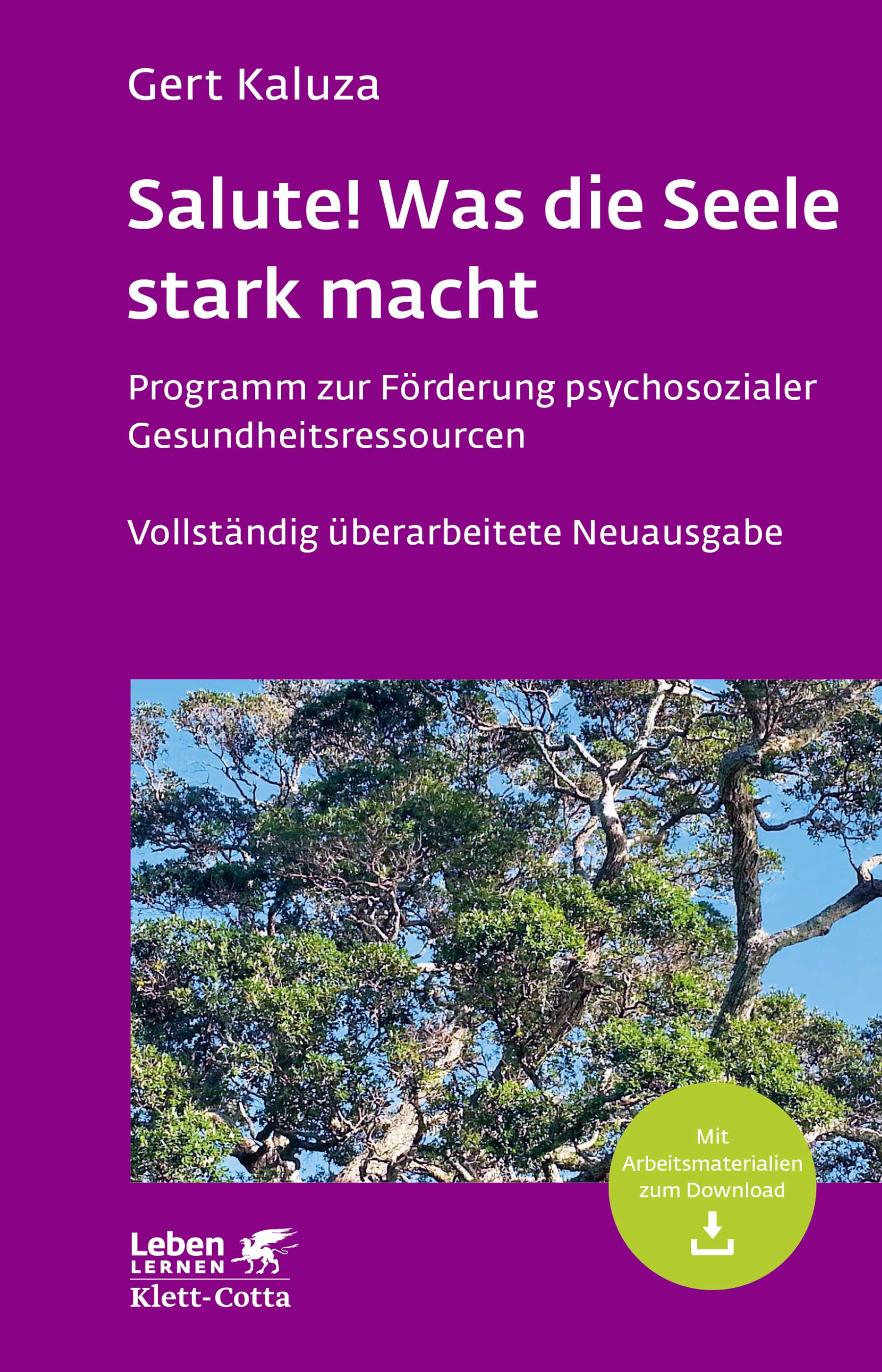 Buchcover mit dem Titel "Salute! Was die Seele stark macht" von Gert Kaluza, auf dem ein Baum mit grünen Blättern zu sehen ist, und einem grünen Button mit Download-Hinweis.