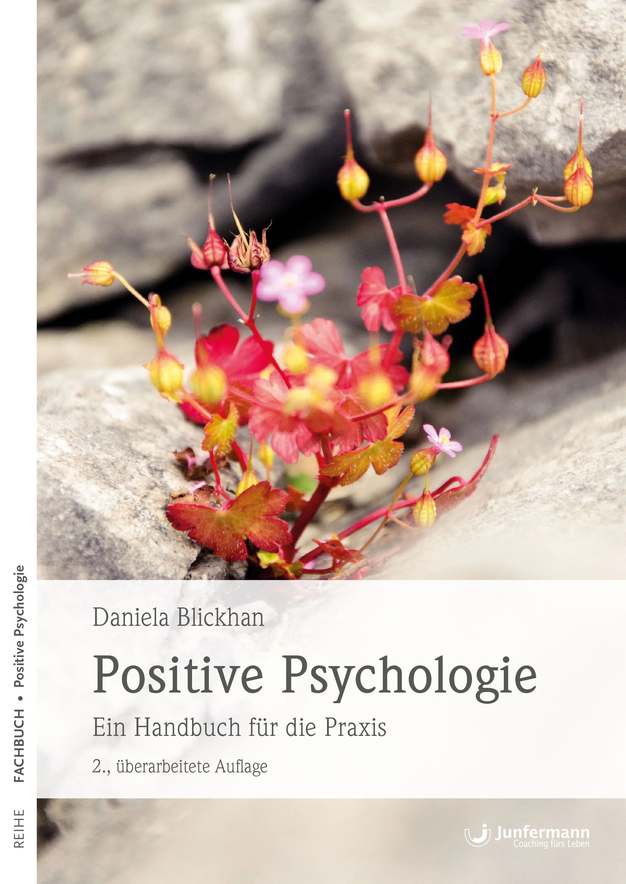 Buchcover mit einer kleinen Pflanze, die zwischen Steinen wächst, Titel: 'Positive Psychologie - Ein Handbuch für die Praxis' von Daniela Blickhan. Das Cover zeigt eine Pflanze mit roten und gelben Blättern und kleinen rosa Blüten, im Hintergrund Steine. Der Verlag ist Junfermann Coaching fürs Leben.