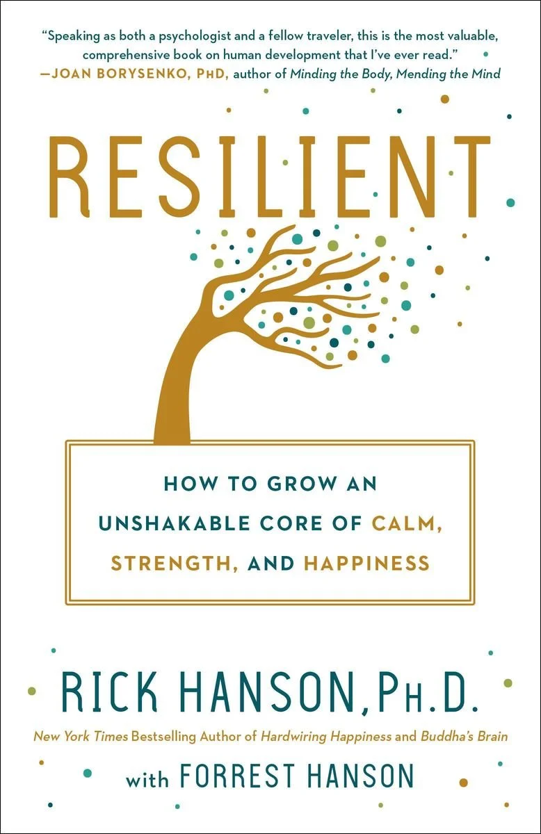 Buchcover mit dem Titel 'Resilient' von Rick Hanson, mit Untertitel 'How to grow an unshakable core of calm, strength, and happiness', begleitet von einem Zitat von Joan Borysenko. Das Cover zeigt eine stilisierte Baumzeichnung mit bunt gefärbten Blättern.