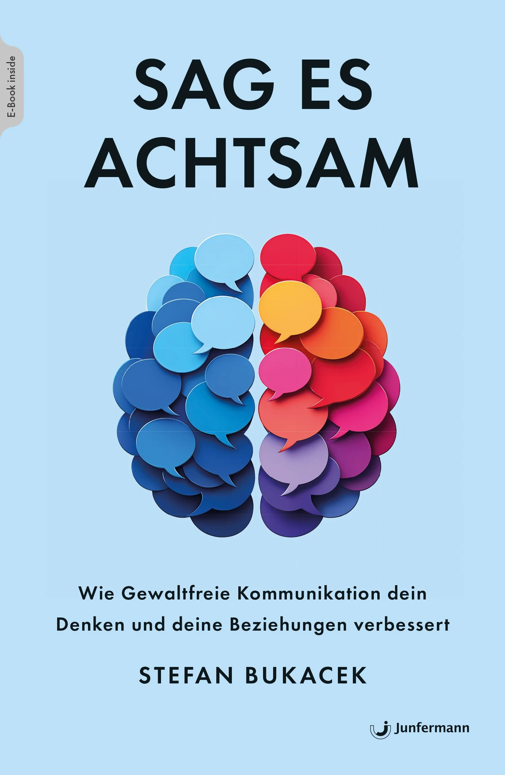 Das Buch zeigt eine Grafik von zwei Köpfen, die aus vielen Sprechblasen bestehen, eine in Blau, die andere in Rot, und enthält den Titel 'SAG ES ACHTSAM' sowie den Untertitel 'Wie Gewalttfreie Kommunikation dein Denken und deine Beziehungen verbessert' von Stefan Bukacek, veröffentlicht bei Junfermann.