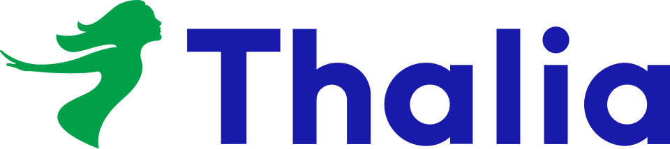 Logo mit einer grünen Silhouette einer Meerjungfrau und dem Text 'Thalia' in blauer Schrift.