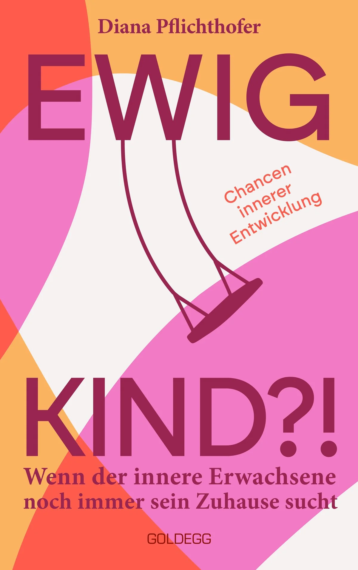 Buchcover von »Ewig« von Diana Pflichthofer, mit einem rosa Rutschelement, bunten geometrischen Formen und rot-weißer Text im Comic-Stil, der den Titel und Untertitel beschreibt.