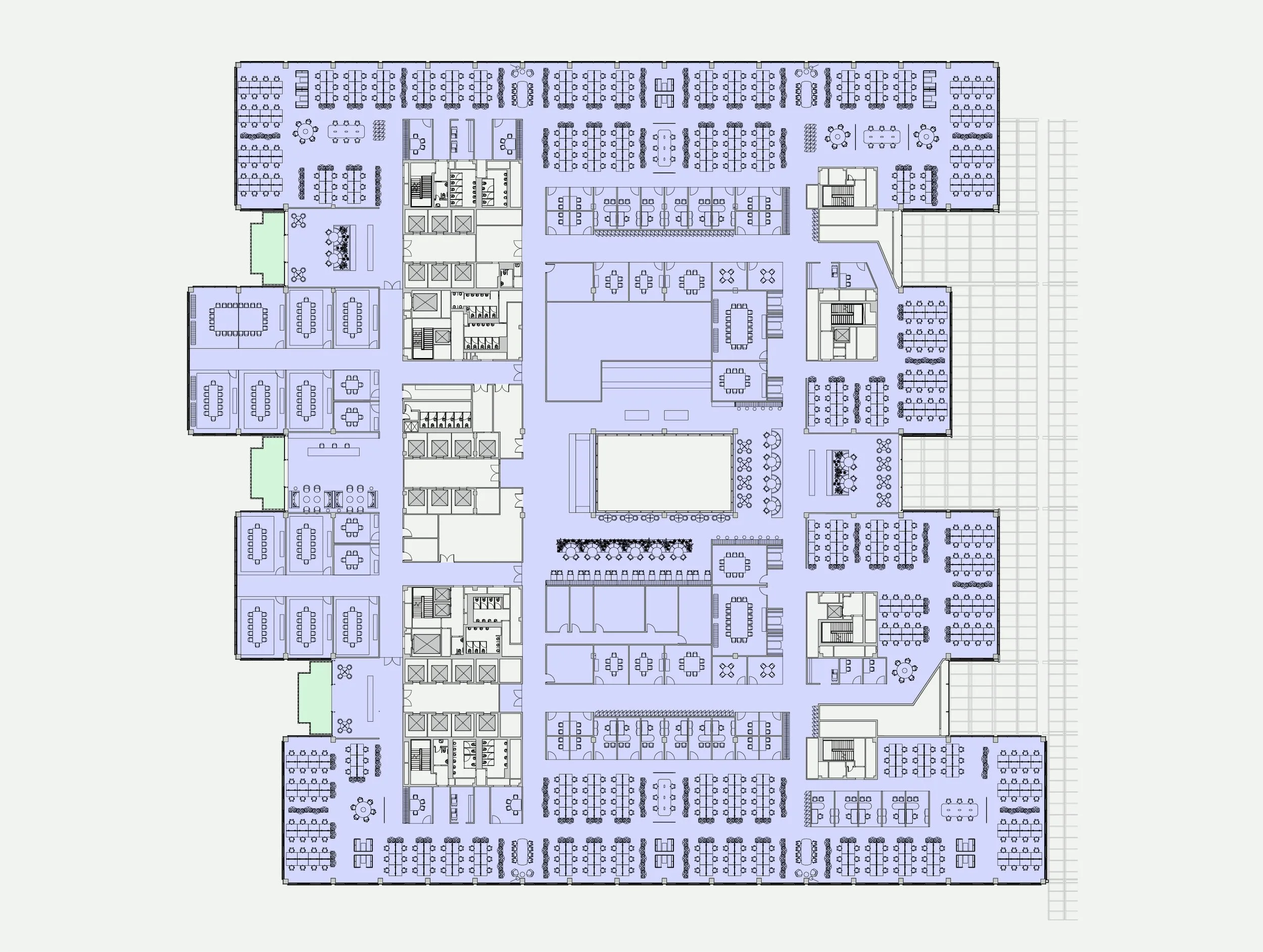 Floor plan of a large building with various rooms and workspaces, including offices, conference rooms, and common areas.