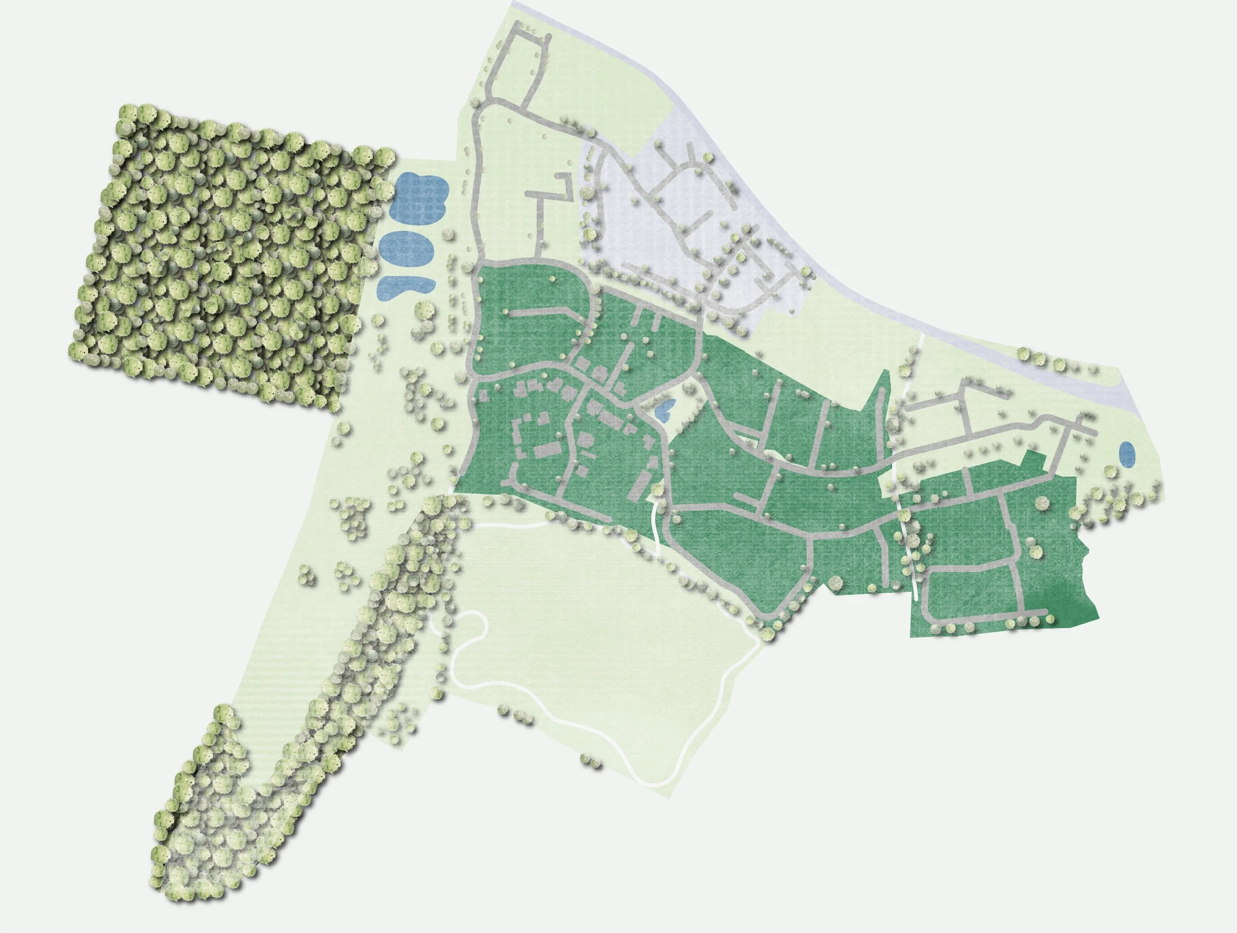 A detailed aerial architectural site plan showing landscaped areas, water features, and various plots and pathways.