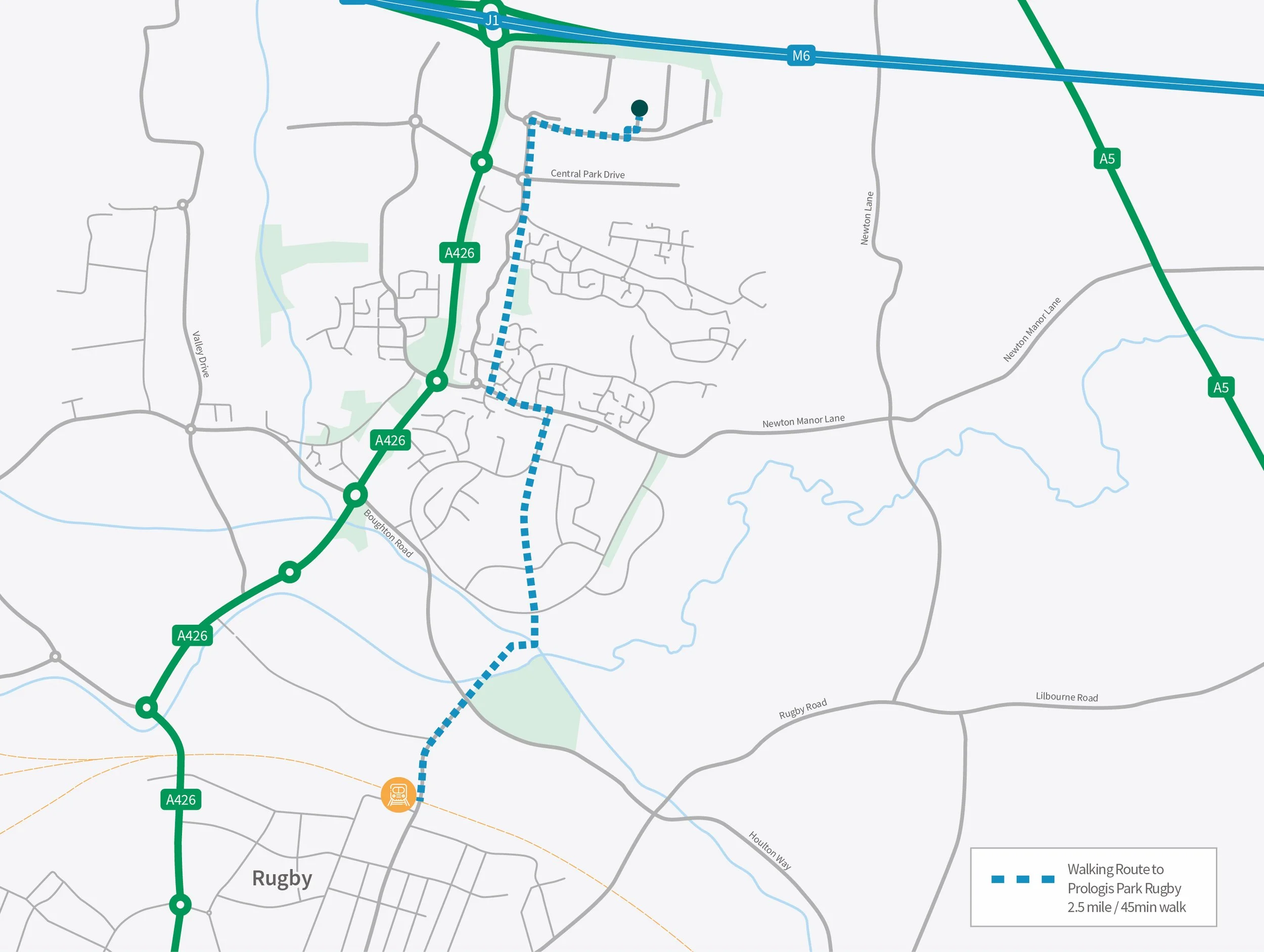 Map showing walking route from a neighborhood to Pologis Park Rugby, approximately 2.5 miles or a 45-minute walk, marked with a blue dashed line.