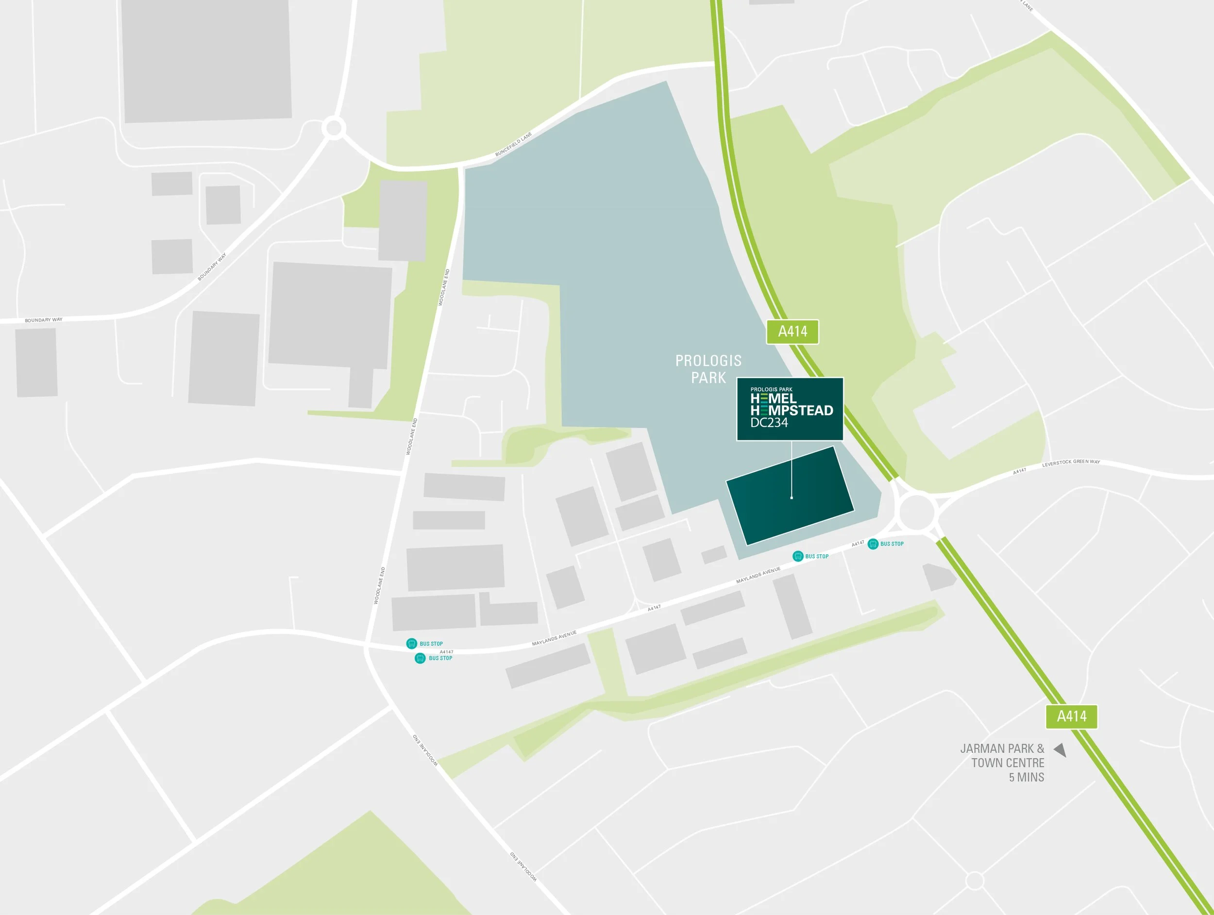 Map of Prologis Park and surrounding area showing streets, parks, bus stops, and the A414 road in a light green and blue color scheme.