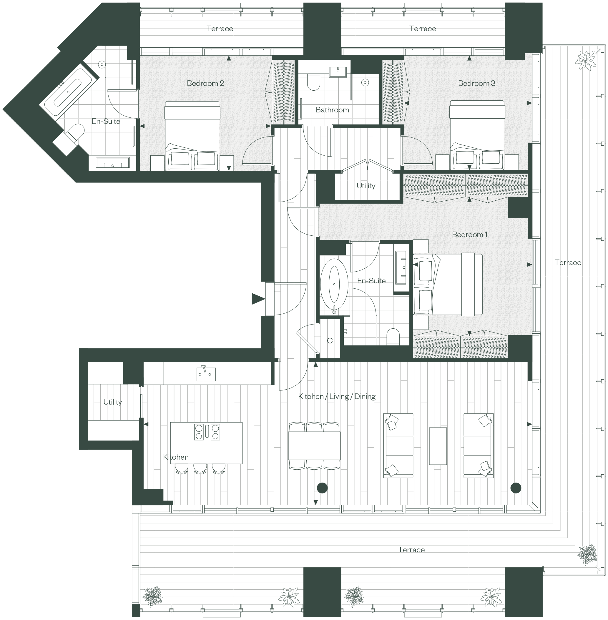 Floor plan of a residential building showing three bedrooms, two bathrooms, kitchens, utility rooms, and terraces with outdoor seating and plants.