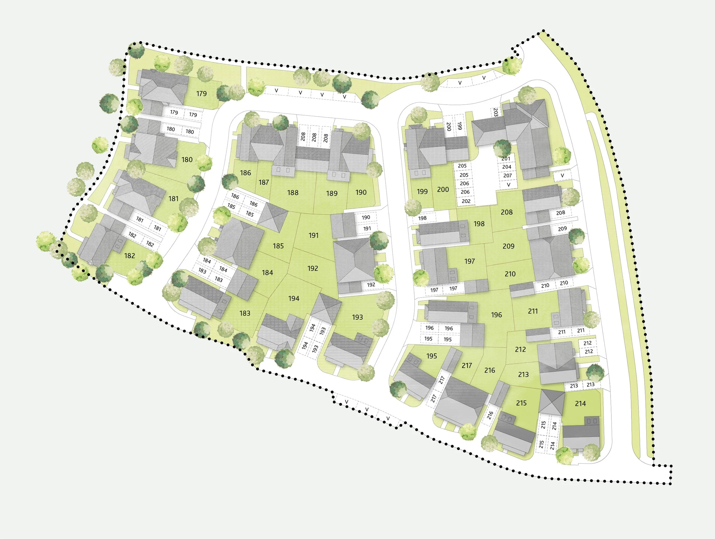 A detailed residential site plan with houses, parking spaces, roads, trees, and property boundaries.