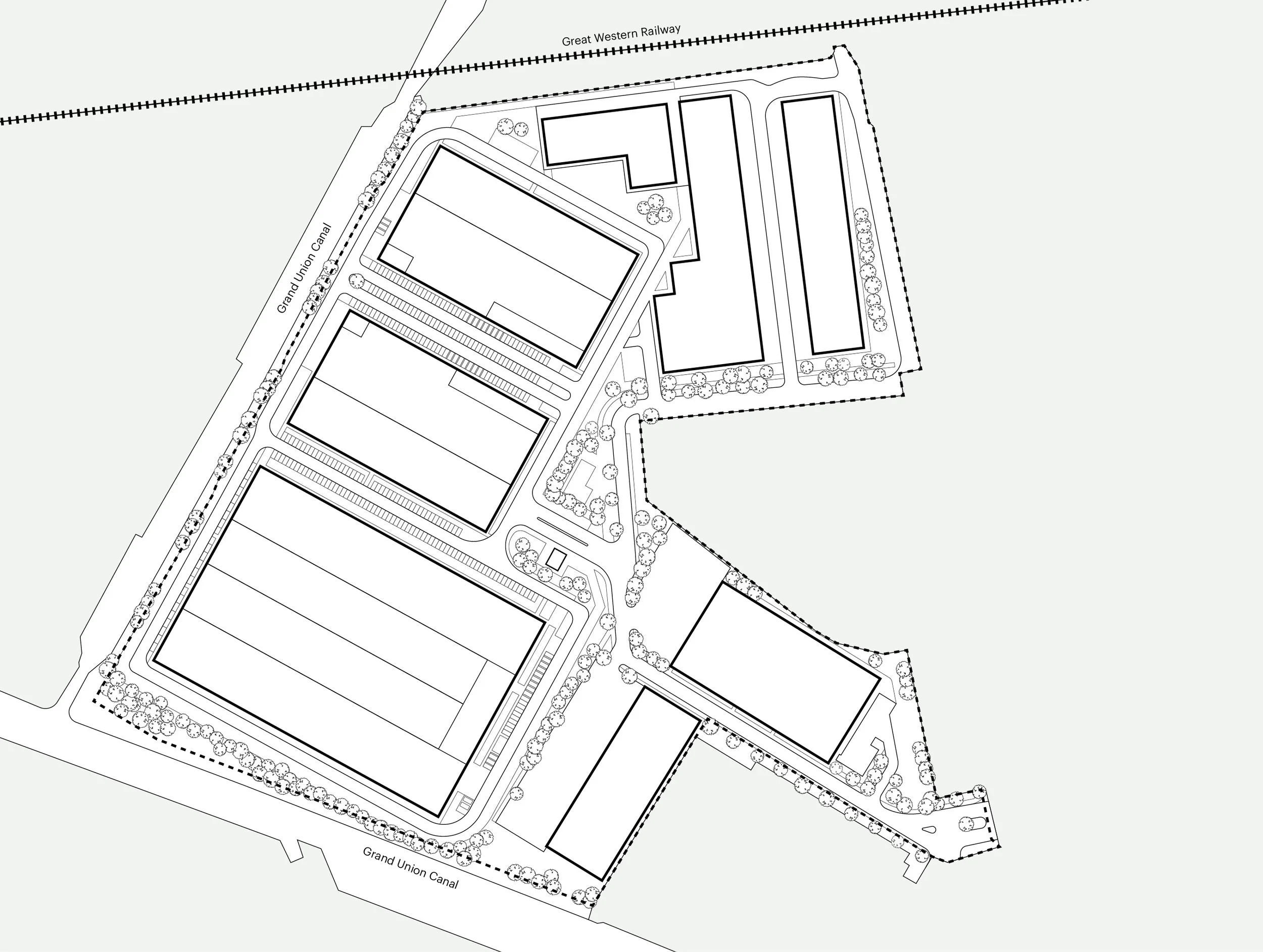 A site plan drawing showing multiple buildings, roads, parking areas, and landscaping, with the Great Western Railway and Grand Union Canal labeled nearby.