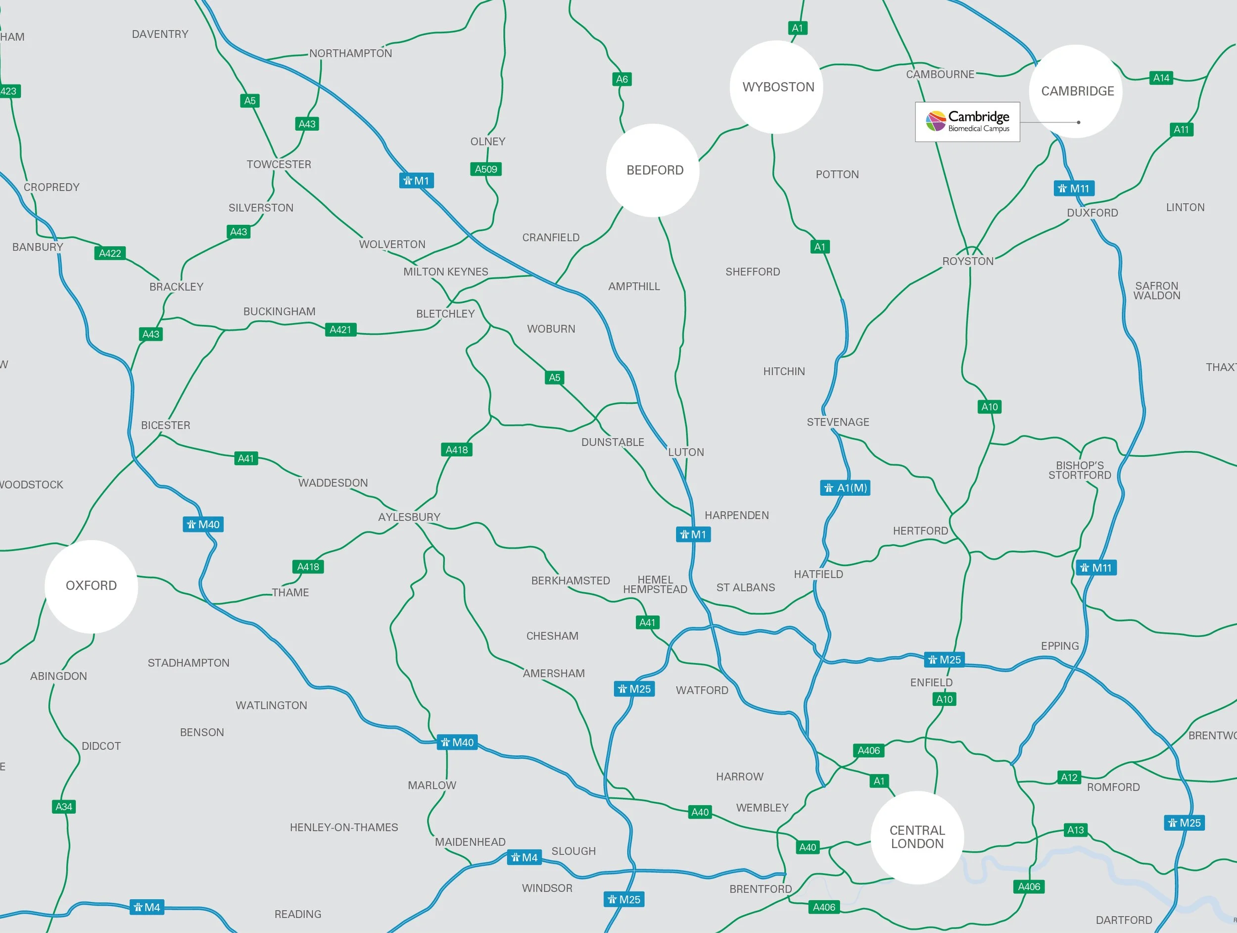 Map of the London area showing major roads and highways with labels for Oxford, Central London, and other neighborhoods.