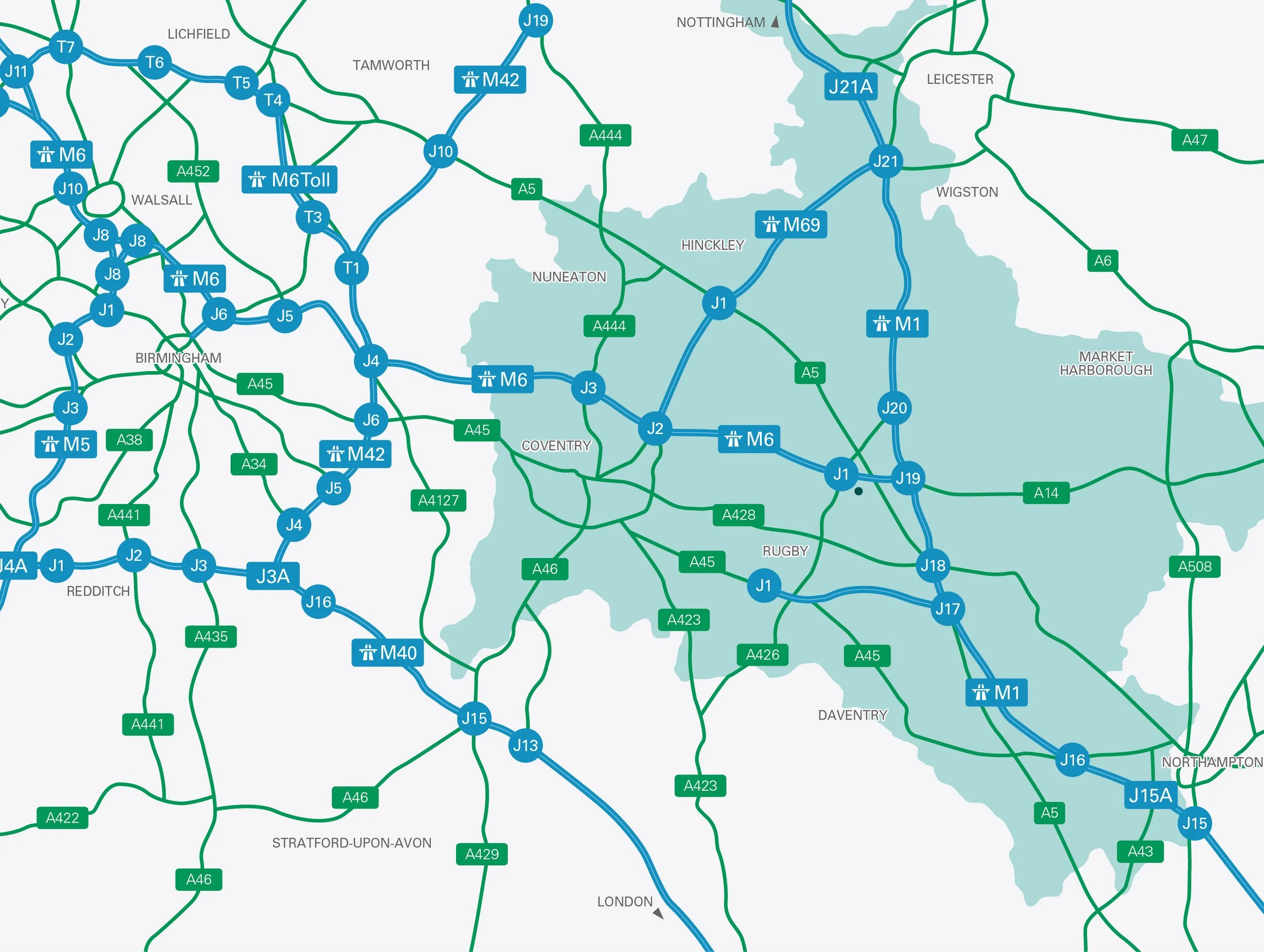 Map of highways and roads around London, including major routes such as M25, M1, and M40, with locations like Birmingham, Coventry, Nottingham, and Northampton visible.