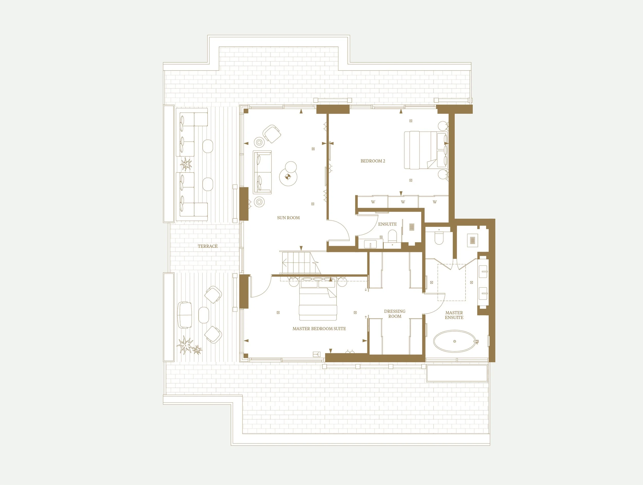 Floor plan of a residential layout showing a terrace, sunroom, bedroom, dressing room, master ensuite, and other rooms with furniture arrangements.