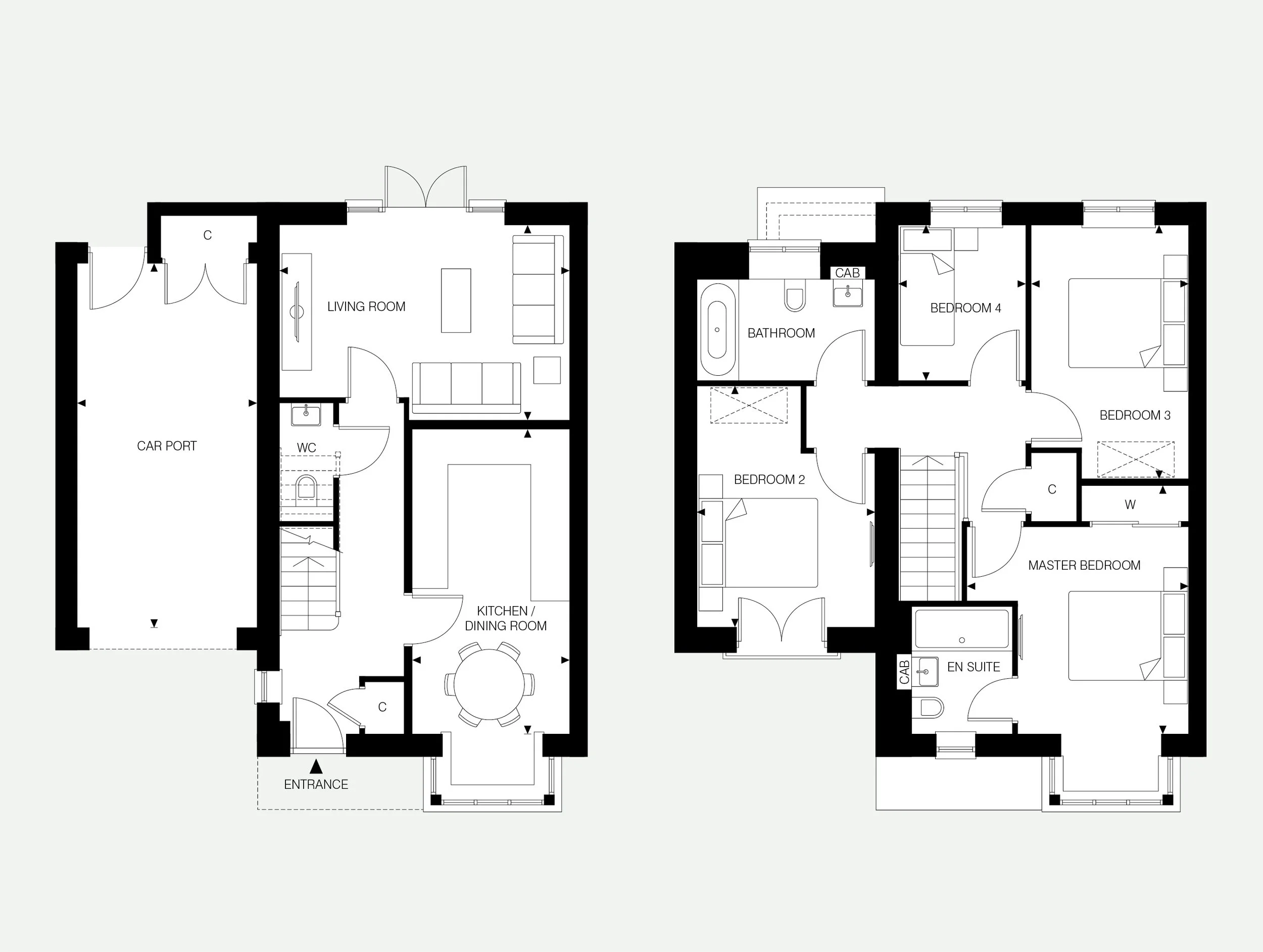 Floor plan of a house showing rooms such as living room, kitchen, bedrooms, bathroom, and garage.