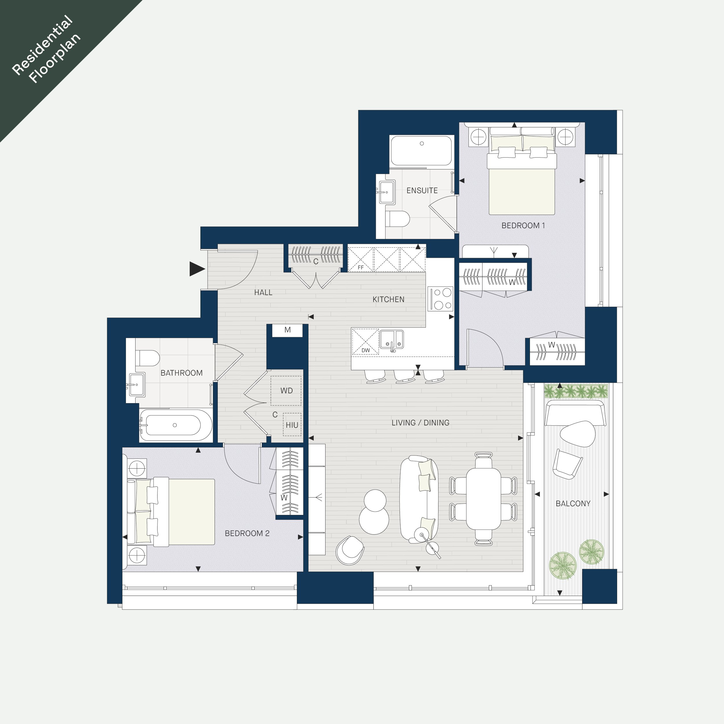 Floor plan of a residential apartment showing bedrooms, bathrooms, living/dining area, kitchen, balcony, and other rooms.