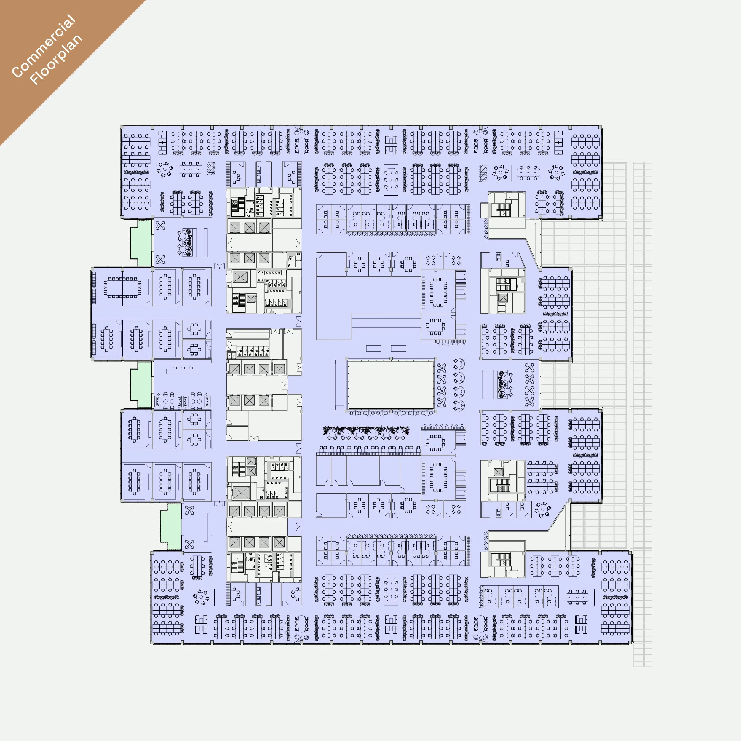 Floor plan of a commercial building, showing various office spaces, meeting rooms, and common areas with labeled sections.