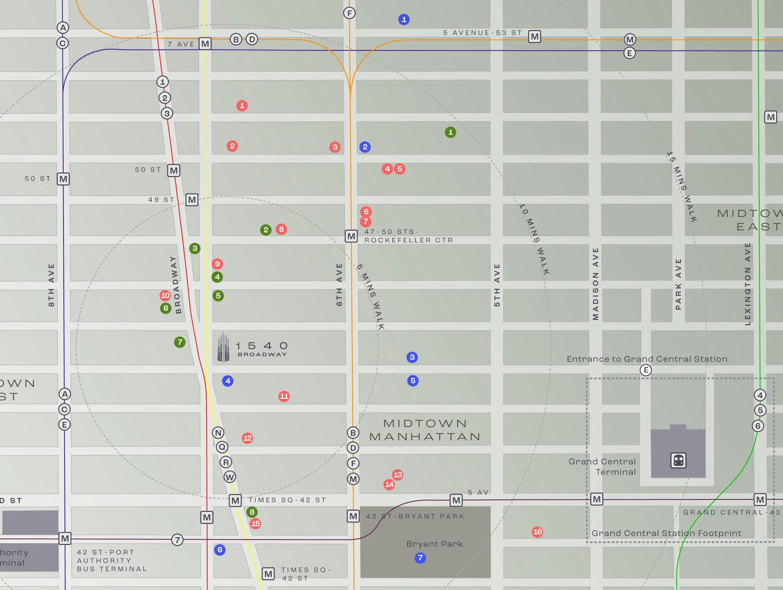 Map of Midtown Manhattan in New York City, showing streets, subway lines, and metro stations, including Grand Central Terminal and Rockefeller Center.