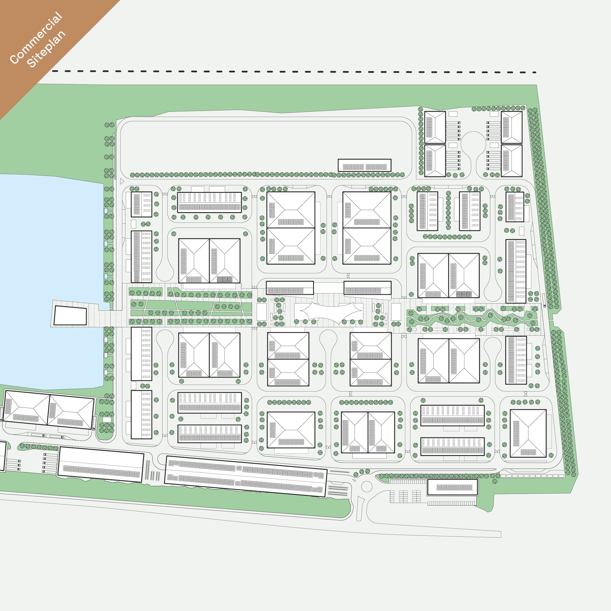 Site plan of a large development with multiple buildings, parking lots, green areas, and a water feature on the left side, labeled for commercial purposes.