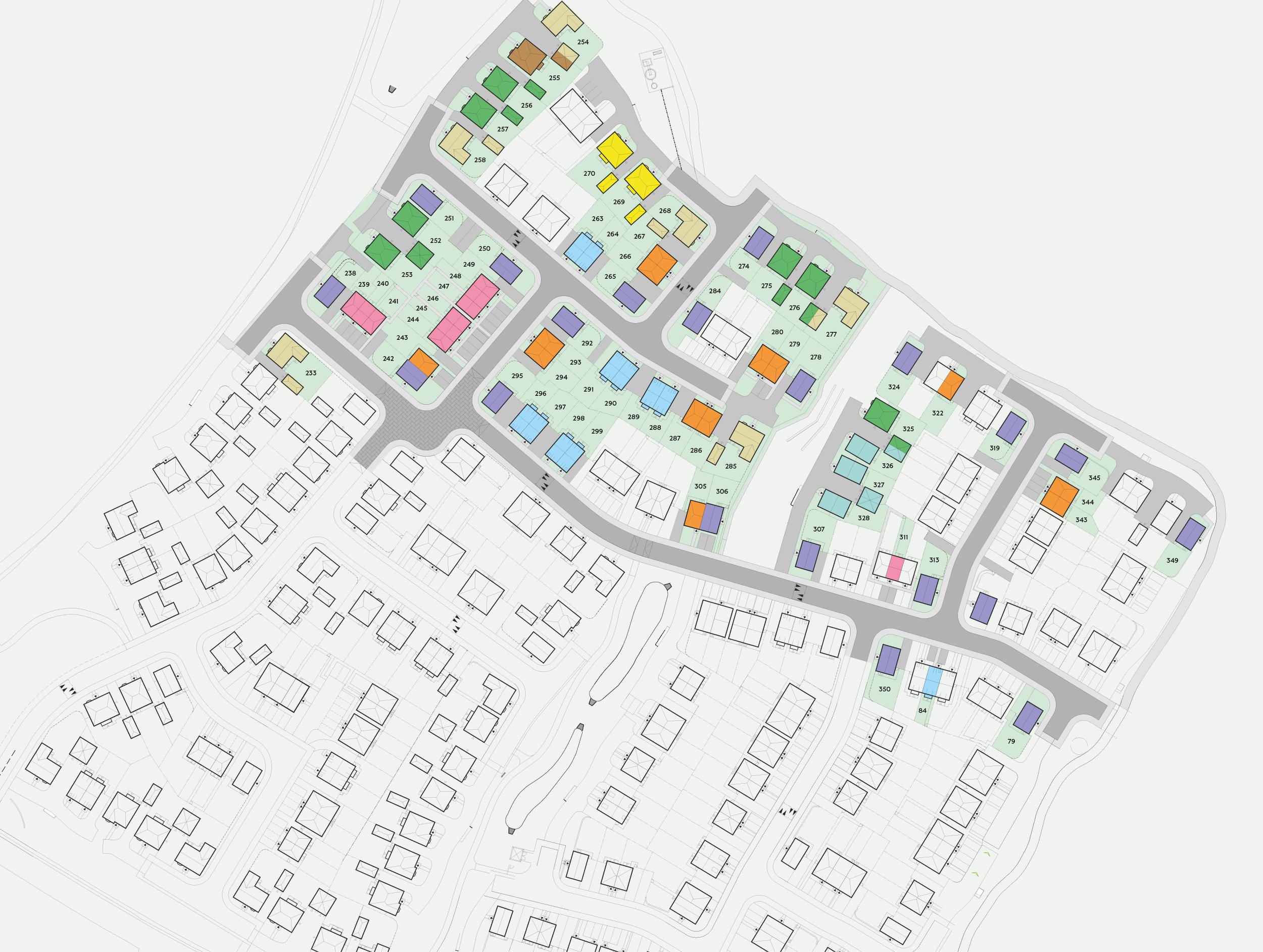 Color-coded residential plan map showing various houses, lots, roads, and common areas.