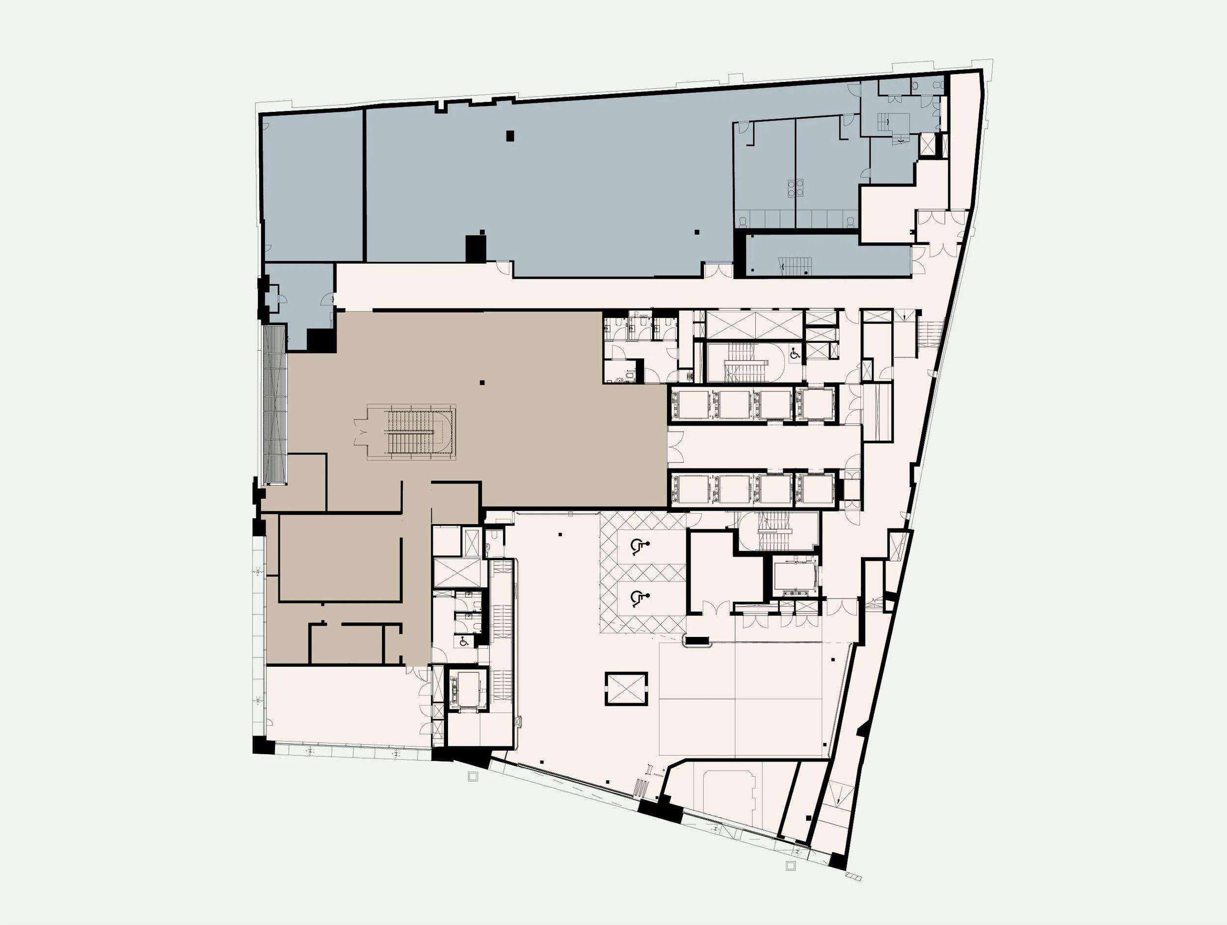 A detailed architectural floor plan with multiple rooms, corridors, and staircases in different colors and sections.