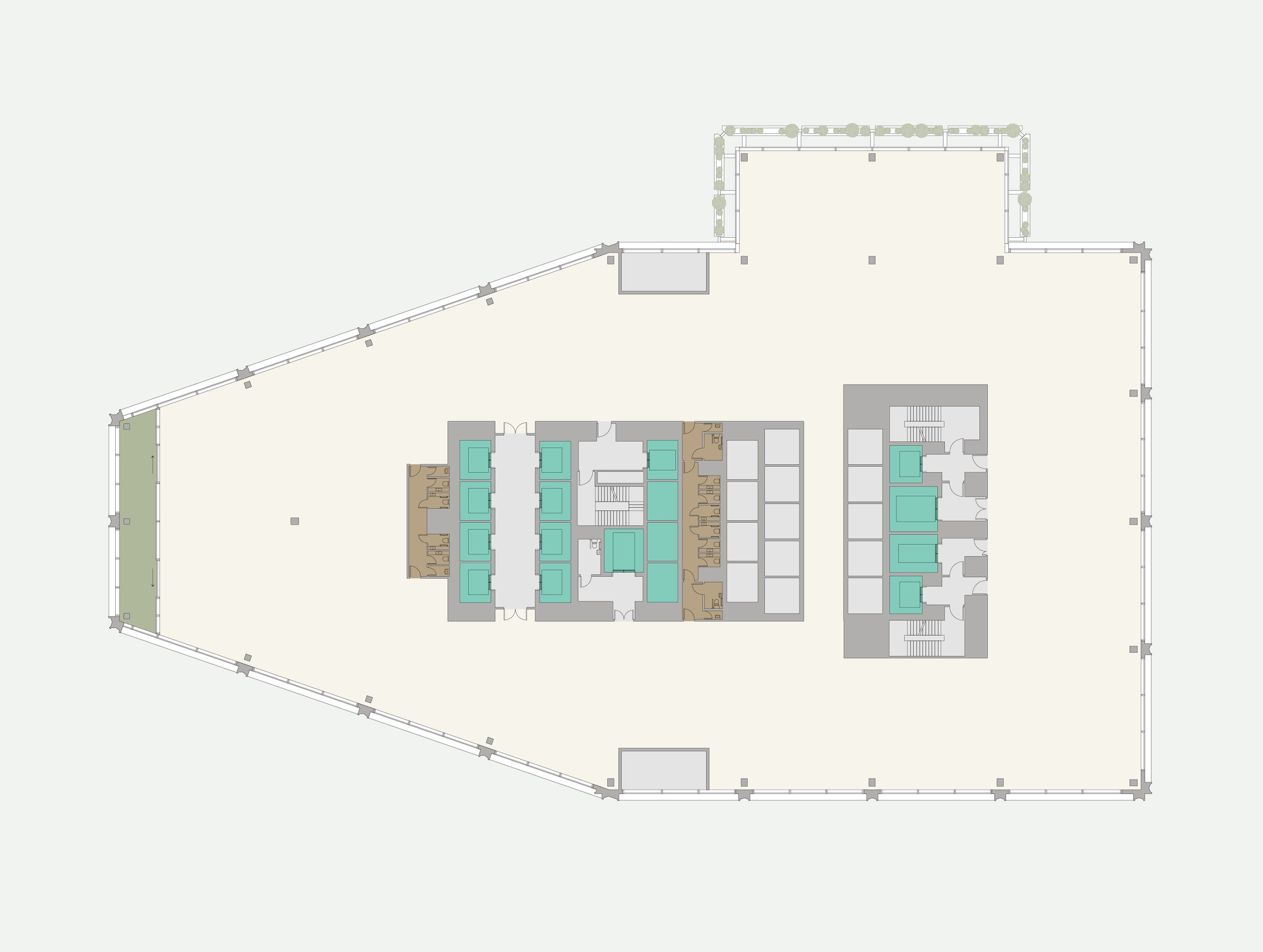 A detailed architectural floor plan with multiple rooms, hallways, and outdoor spaces, including areas with pools, greenery, and building entrances.