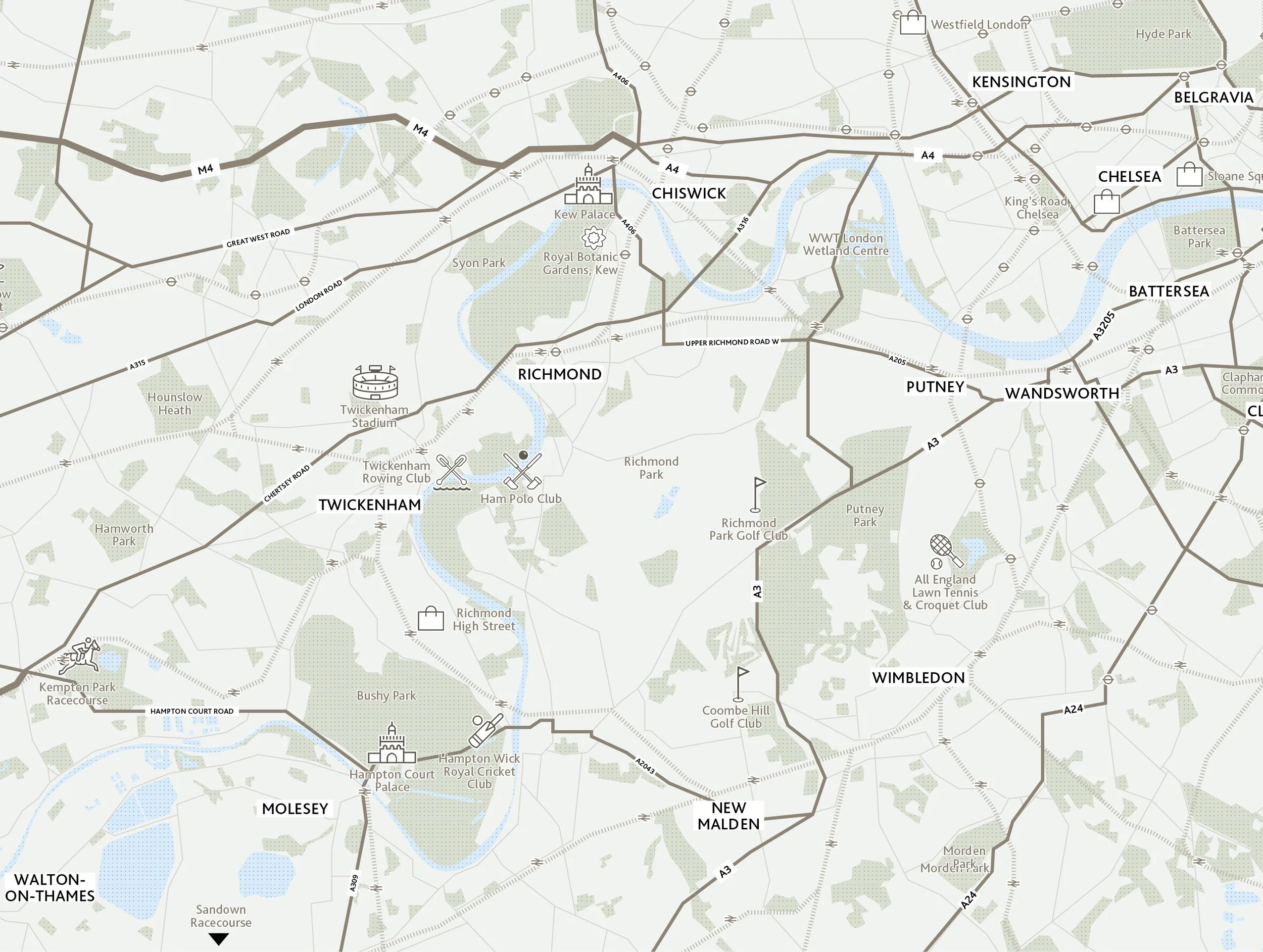 A detailed map showing London and surrounding areas including Twickenham, Richmond, Wimbledon, and Walton-on-Thames, with roads, rivers, parks, and notable landmarks in a minimalistic style.