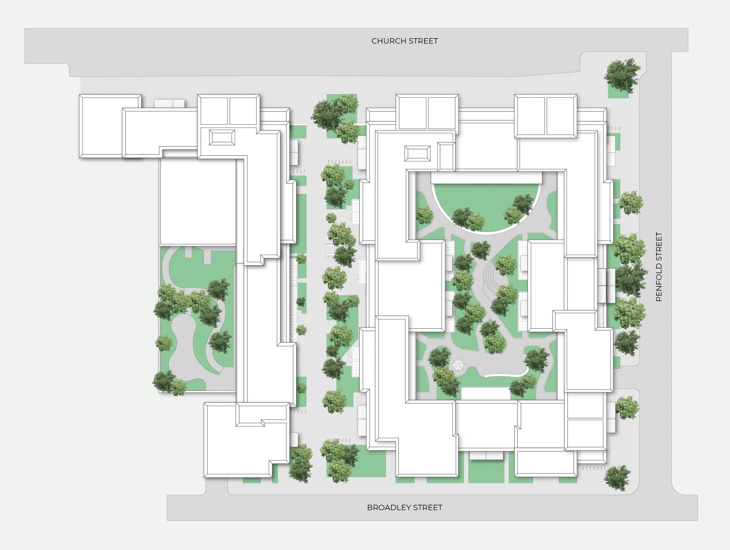 A top-down view of a building complex with surrounding green spaces and trees, bordered by Broadley Street and Penfold Street.