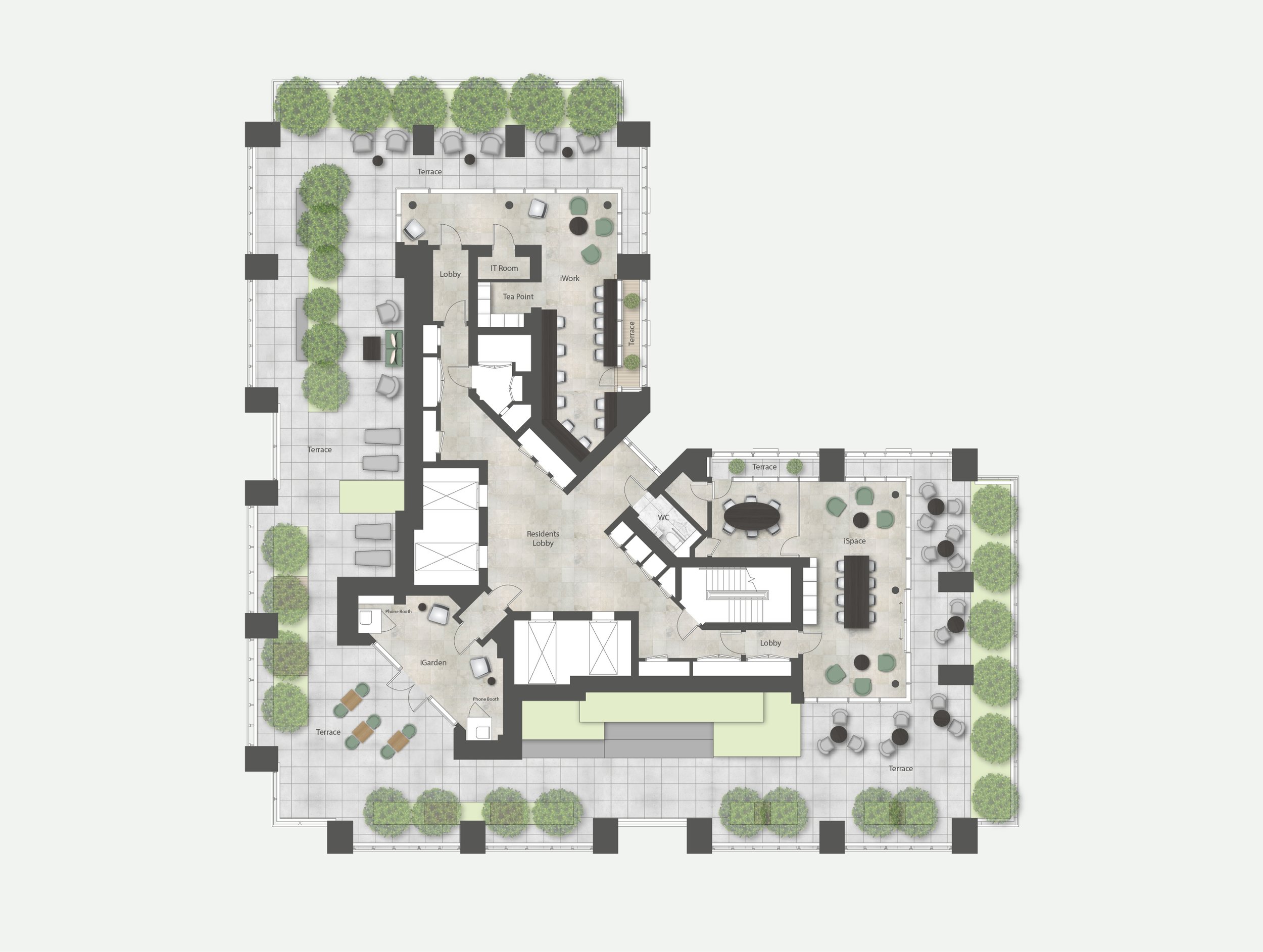 Detailed floor plan of a building with multiple terraces, trees, and designated rooms including lobby, IT room, iWork, tea point, residents lobby, WC, and iGarden, with outdoor seating and greenery.