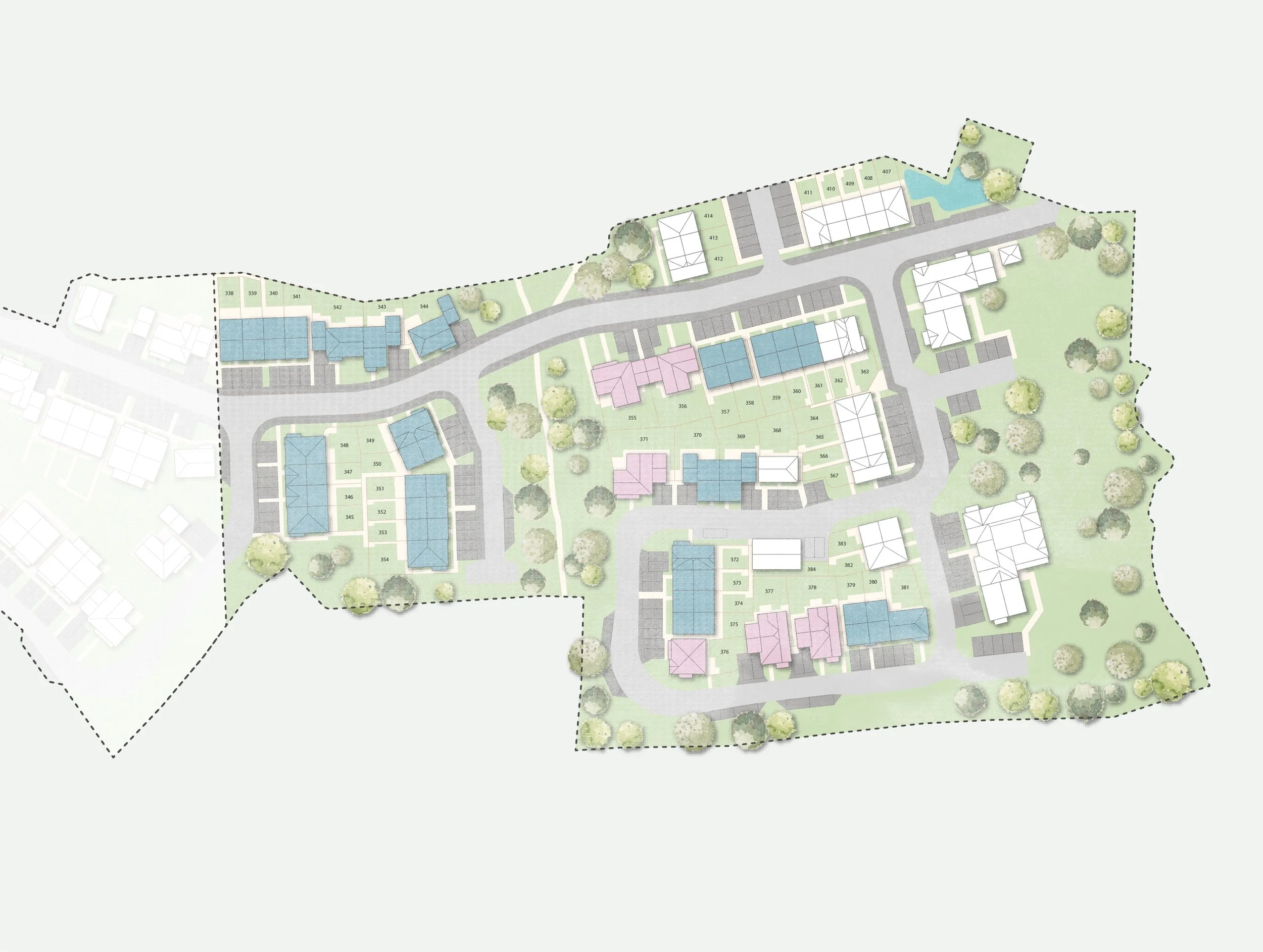 A detailed site plan of a residential community showing lots, roads, buildings, green spaces, and a small pond.