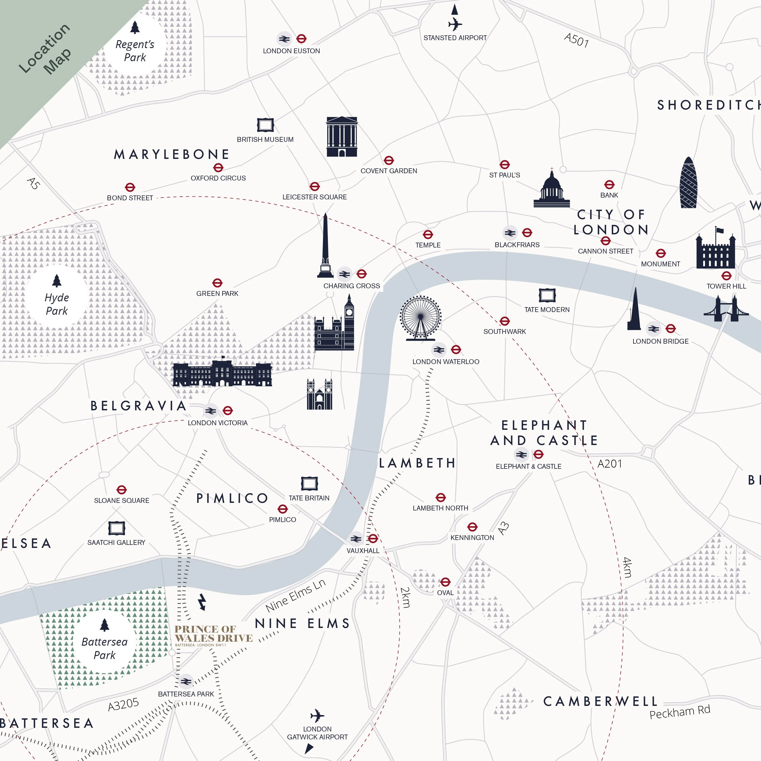 Map of London with landmarks such as the British Museum, Covent Garden, the London Eye, the Shard, and other points of interest, marked with icons of buildings and transportation symbols.