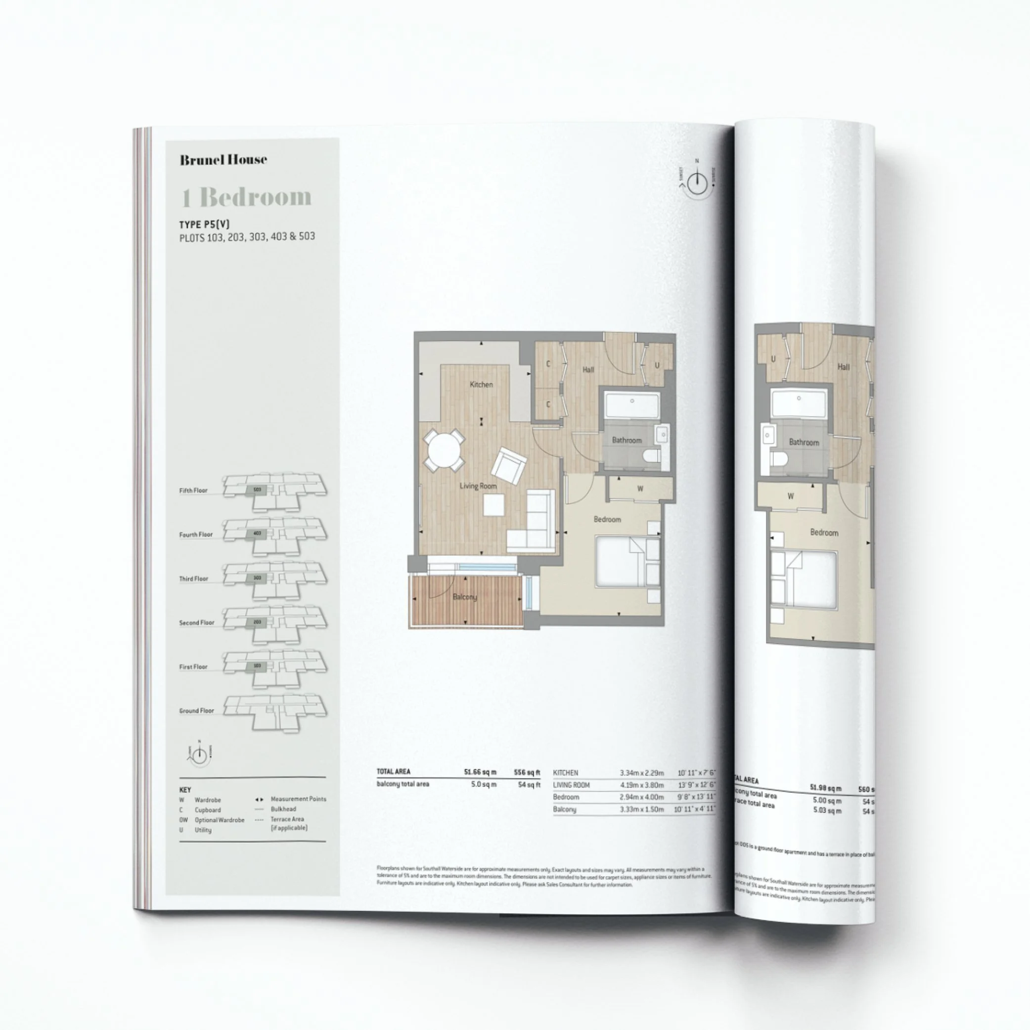 Open floor plan blueprint with labeled rooms including kitchen, living room, bedroom, bathroom, and balcony, with measurements and key for apartment layout.