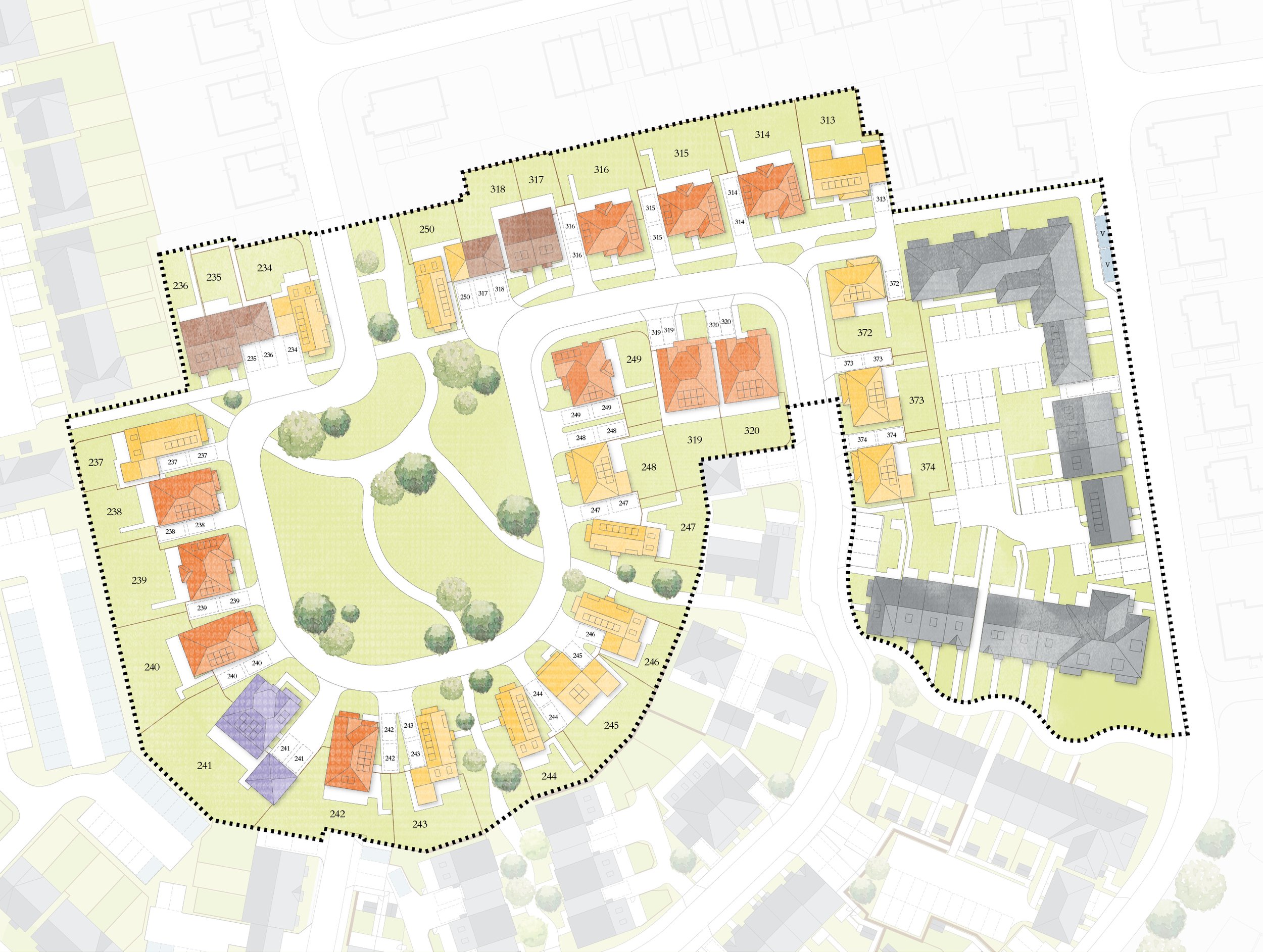 A detailed architectural site plan showing multiple residential buildings, green spaces with trees, pathways, and boundary lines.