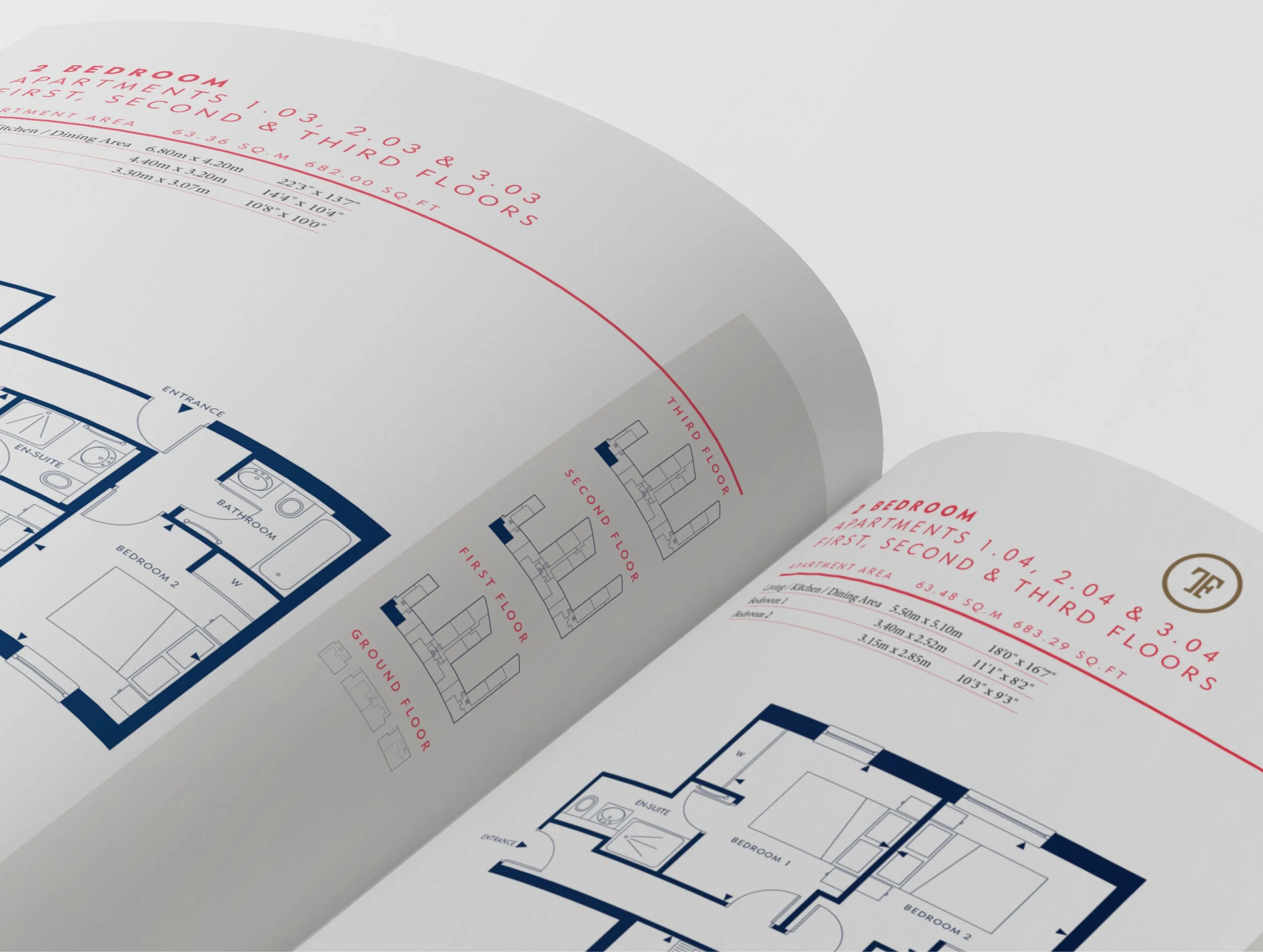 Close-up of a detailed architectural blueprint on paper, showing floor plans for various floors of a building with text annotations and measurements.