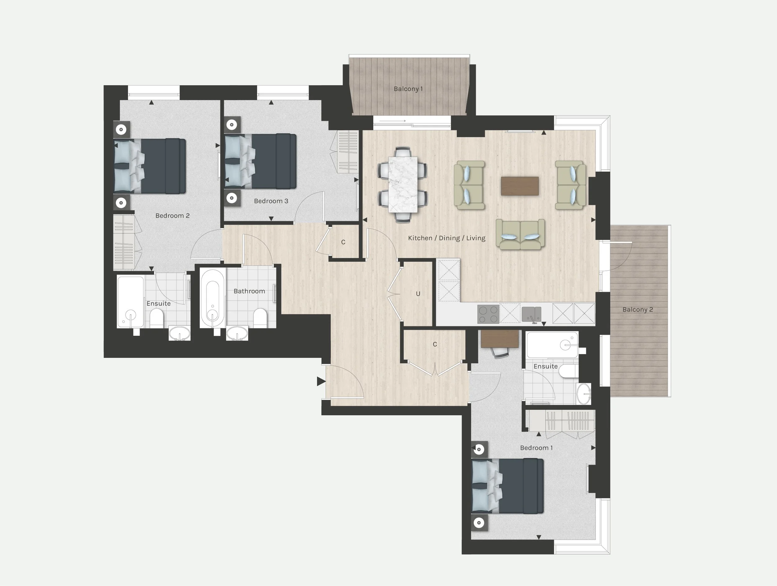Floor plan of a residential apartment with three bedrooms, two bathrooms, a kitchen, a living room, and two balconies.