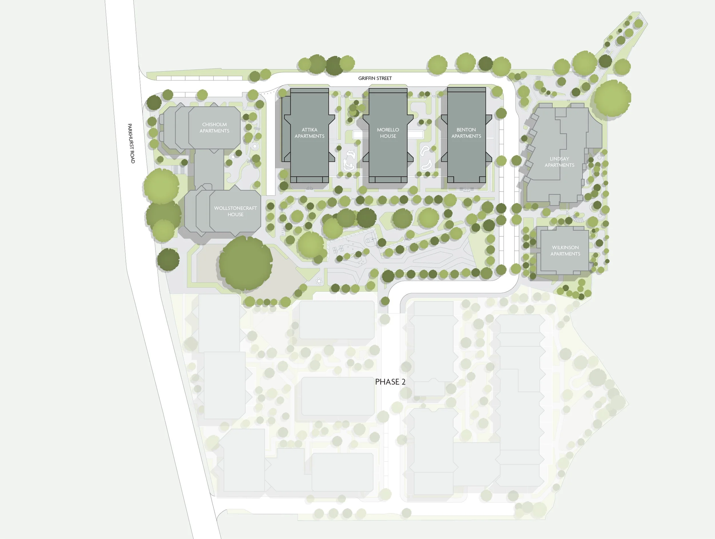 A site plan showing multiple apartment buildings with green spaces, trees, walkways, and a basketball court. The streets surrounding the development are Griffin Street and Parkhurst Road.