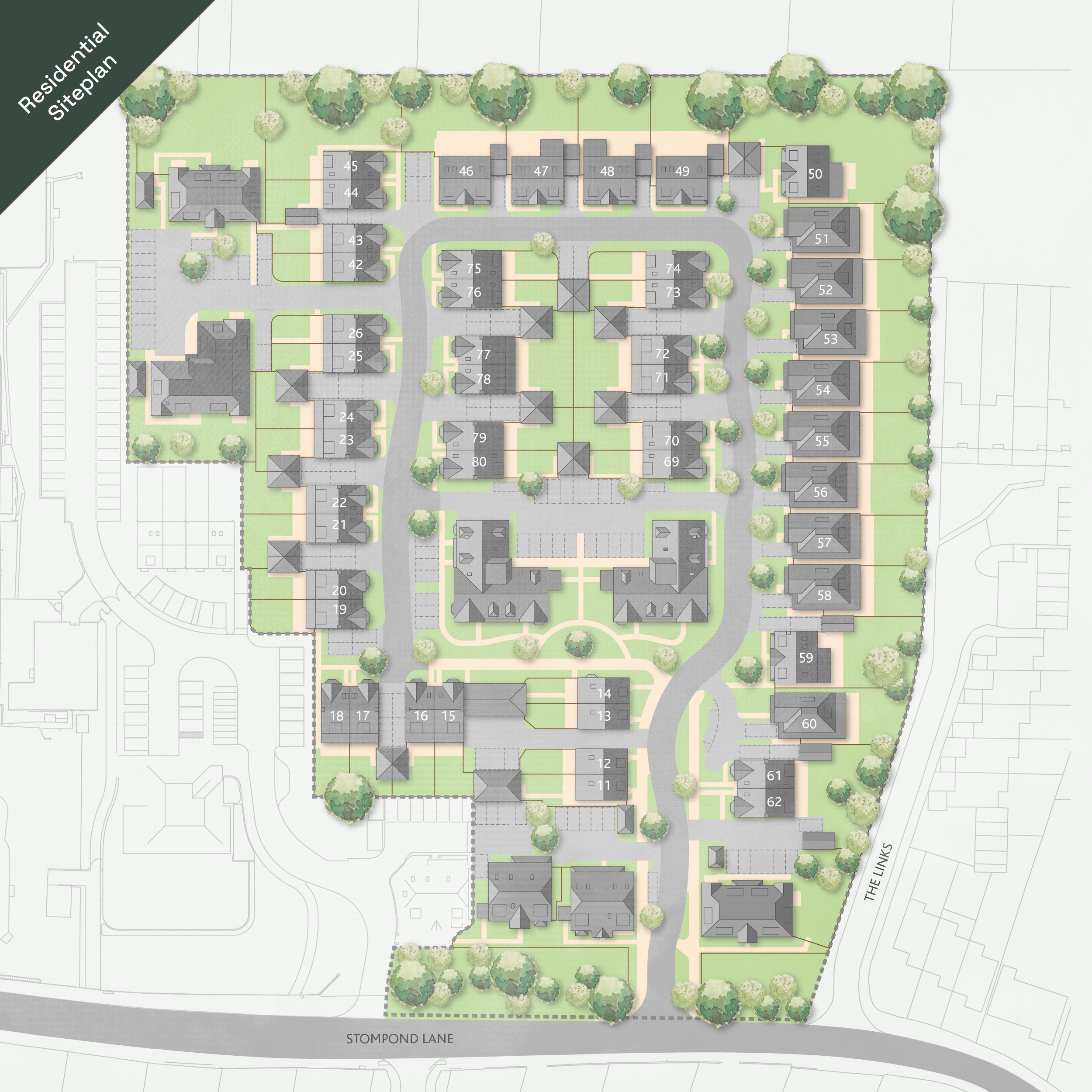 Site plan of a residential development showing individual houses, roads, parking lots, and green spaces with trees. The top-left corner has a label 'Residential Siteplan'. The streets include Stompond Lane and The Linke.