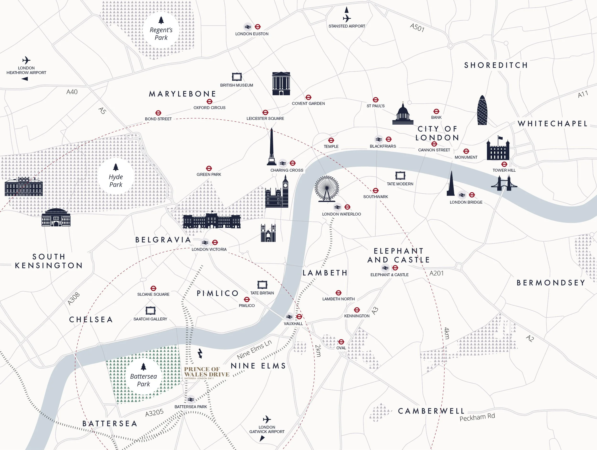 A detailed map of London with landmarks, parks, transportation options, and neighborhoods labeled, including the London Eye, Tower Bridge, British Museum, London Waterloo, and Buckingham Palace.